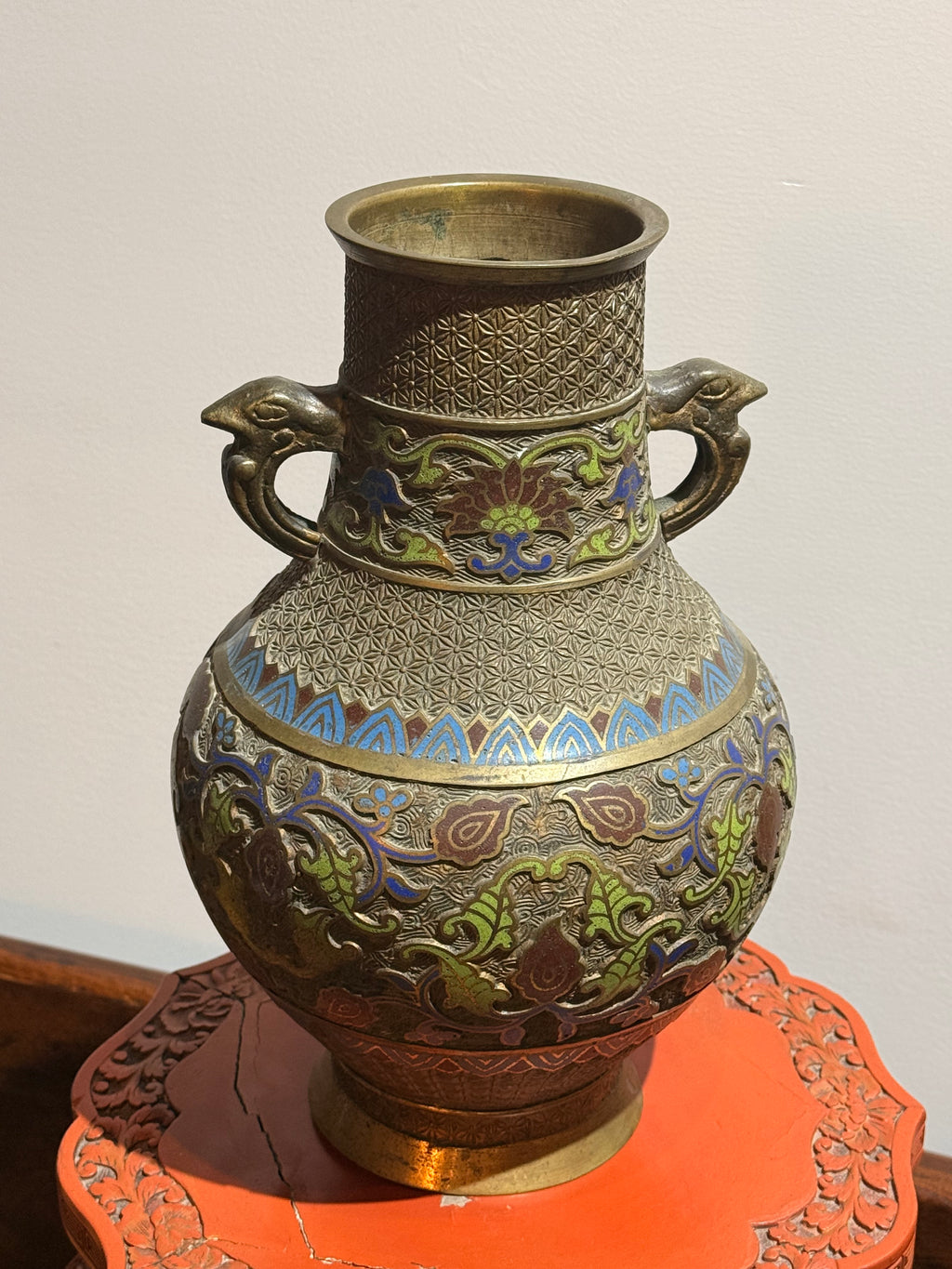 Vintage Japanese Bronze Vase with Enamel Floral Design