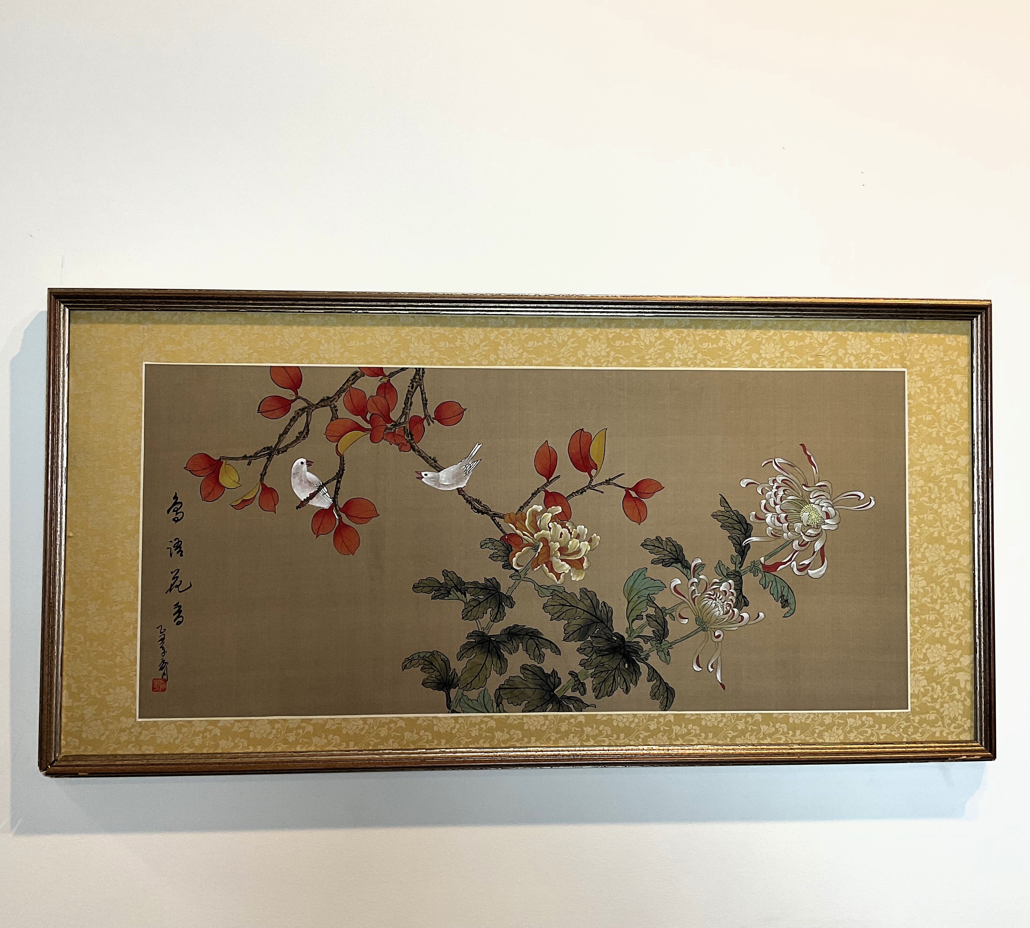 Vintage Chinese Floral Botanical Painting With Bird on Silk .