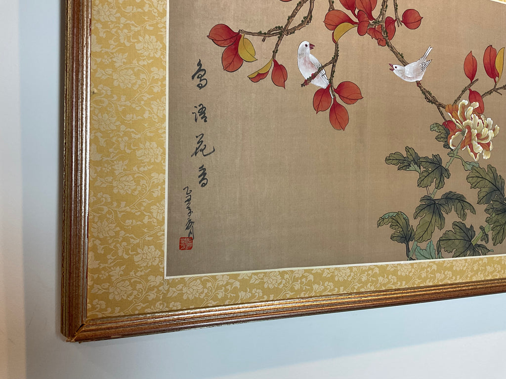 Vintage Chinese Floral Botanical Painting With Bird on Silk .