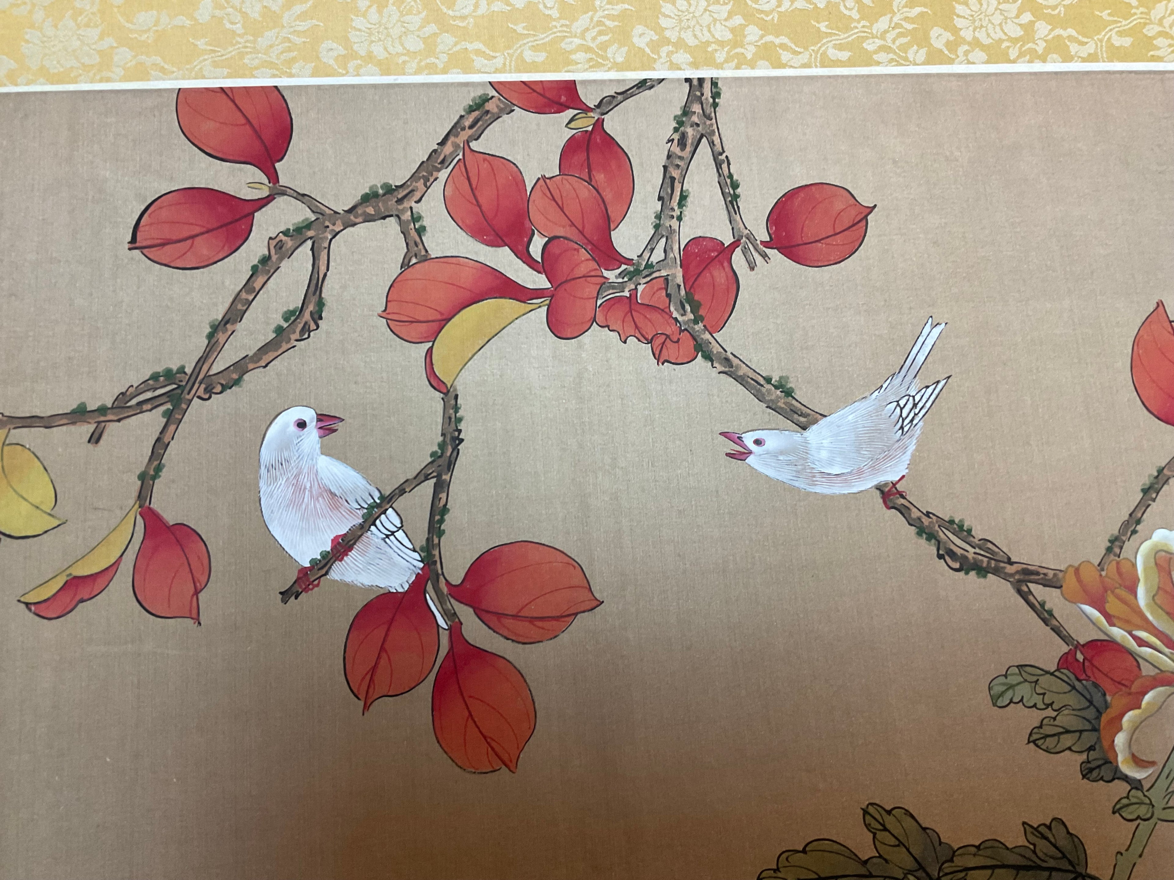 Vintage Chinese Floral Botanical Painting With Bird on Silk .