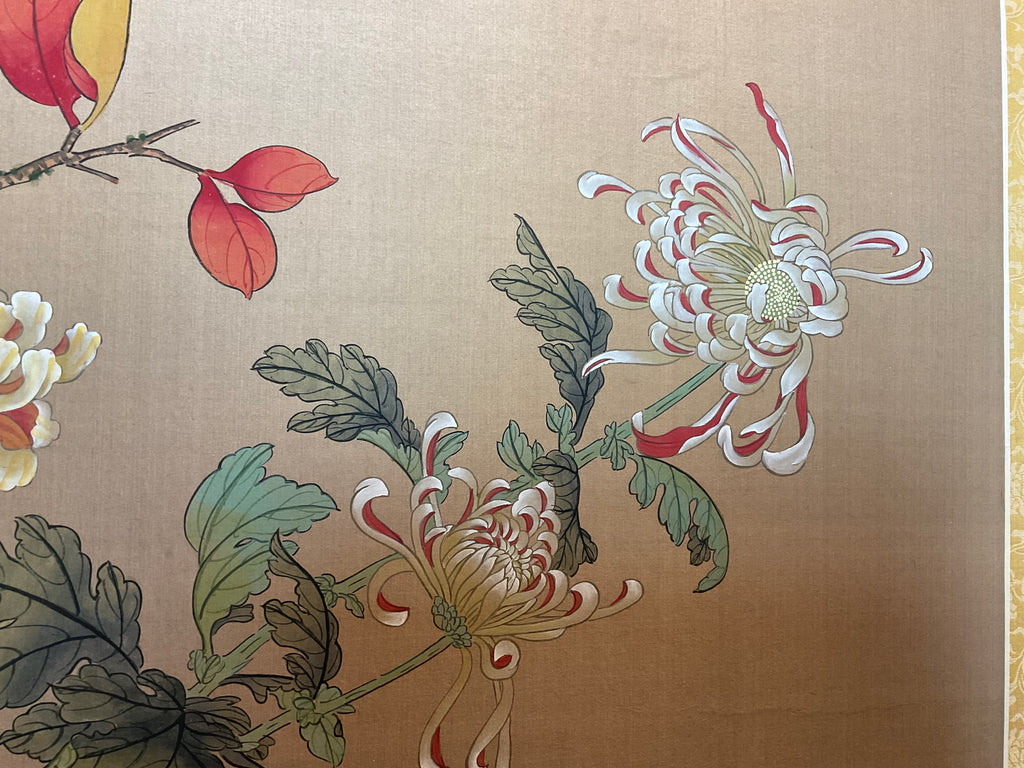 Vintage Chinese Floral Botanical Painting With Bird on Silk .