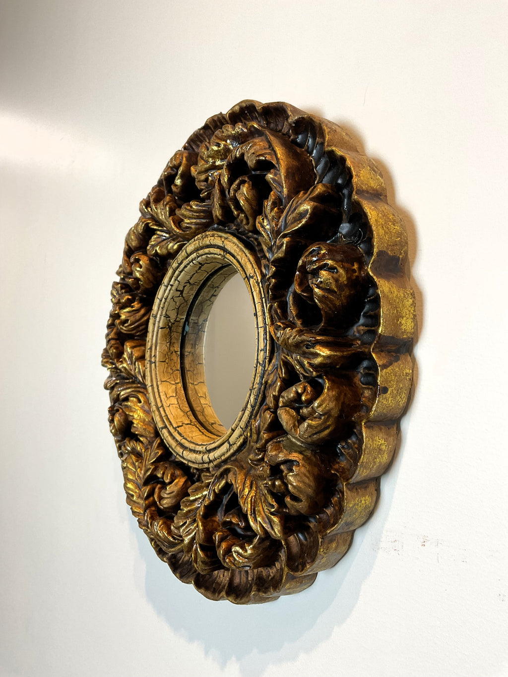 Vintage Carved Wood Shell Wall Mirror 14"