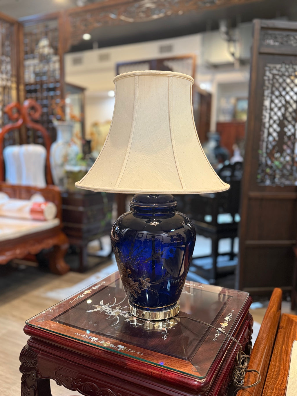 Vintage Blue & Gold Gilt Glass Table Lamps