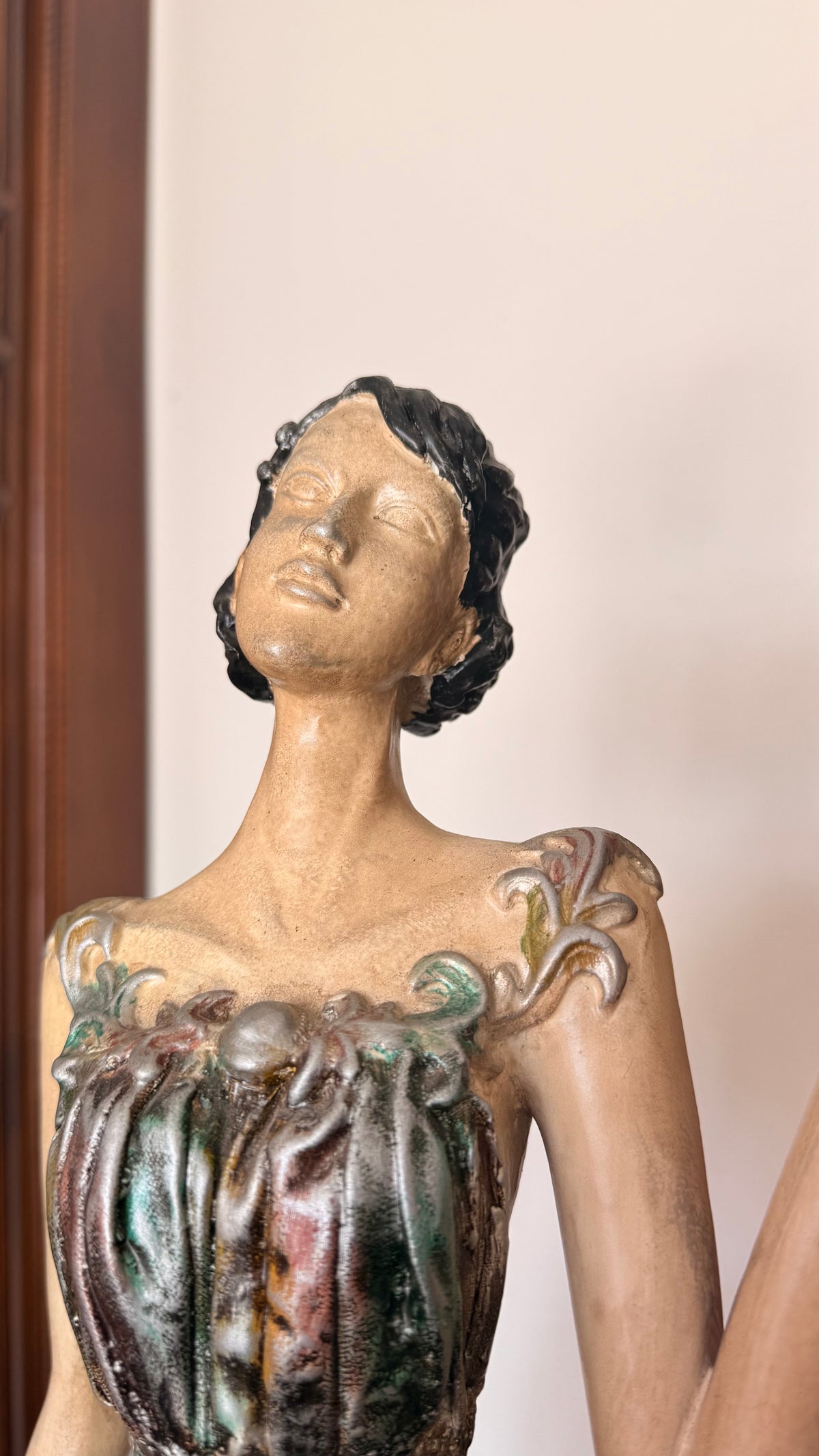 Vintage Art Deco Style Lady Walking Dog Statue – Tall Elegant Woman Sculpture with Bronze Finish, 28.5" Decorative Figure