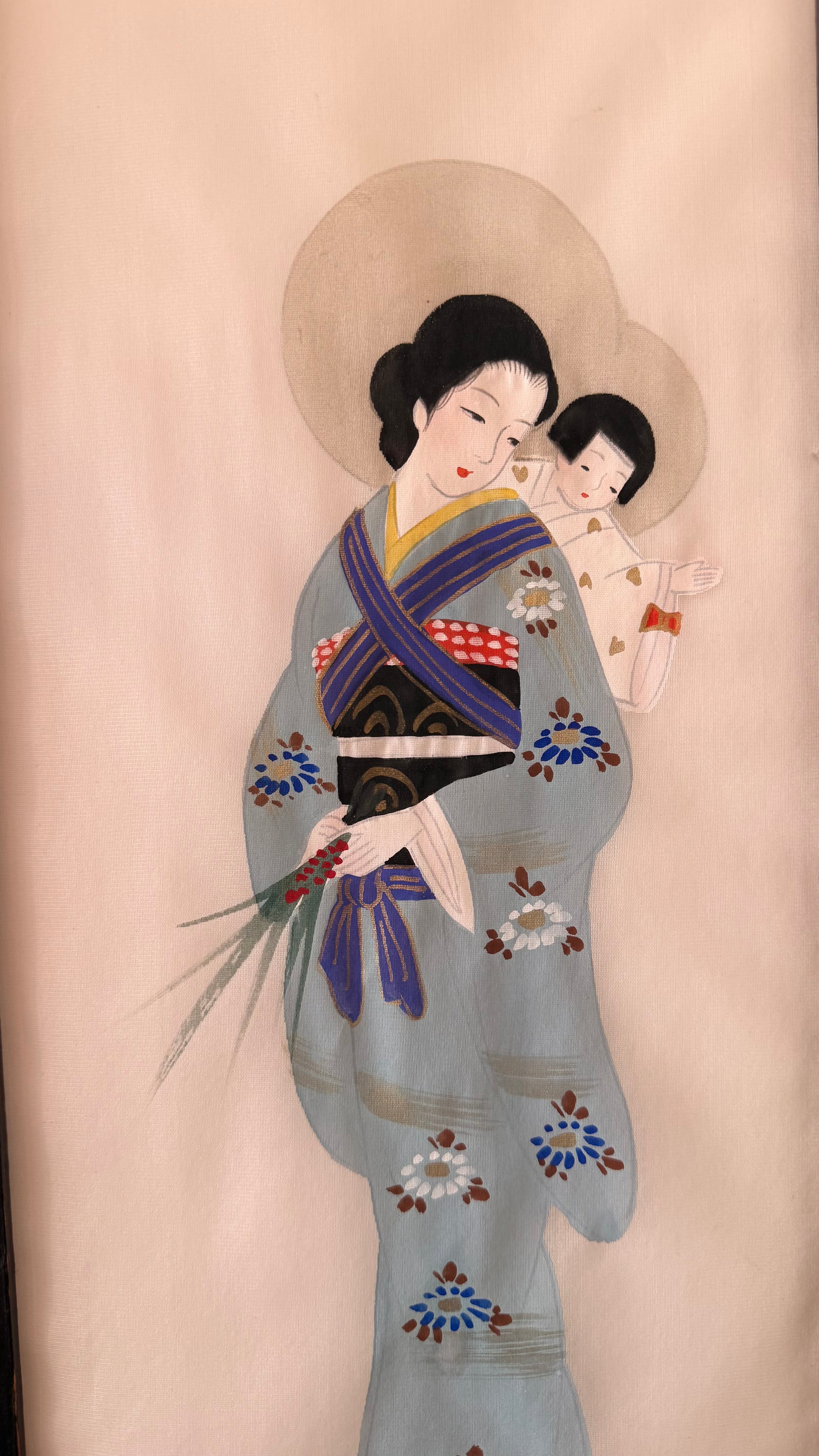 Vintage Japanese Silk Painting – Mother and Child