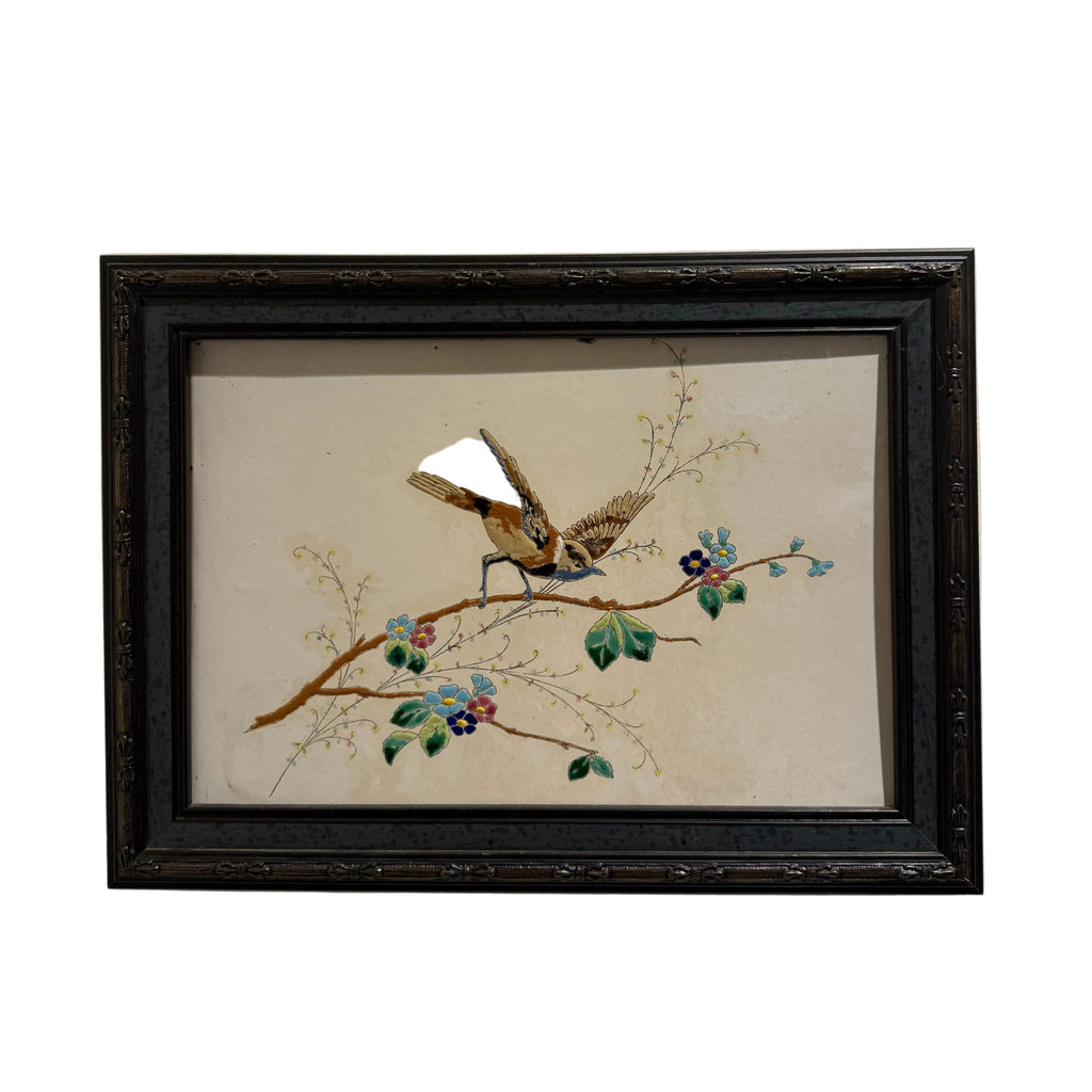 Enamel on Copper Small Framed Painting with Bird and Flower