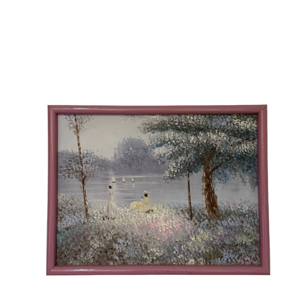 Hancock Victorian Woman at Lakeside Big Trees and Sail Boats Original Oil Painting