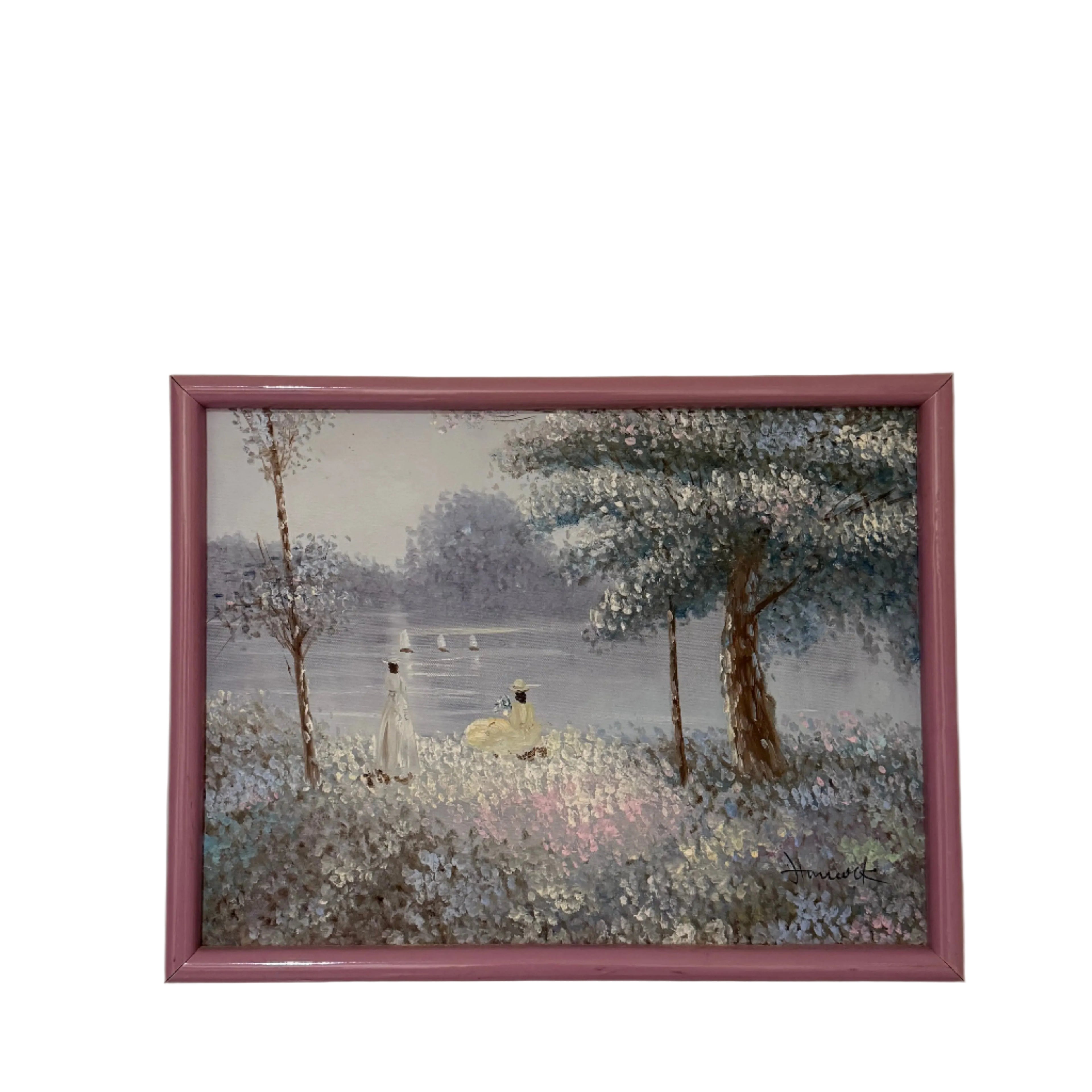 Hancock Victorian Woman at Lakeside Big Trees and Sail Boats Original Oil Painting