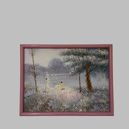Hancock Victorian Woman at Lakeside Big Trees and Sail Boats Original Oil Painting