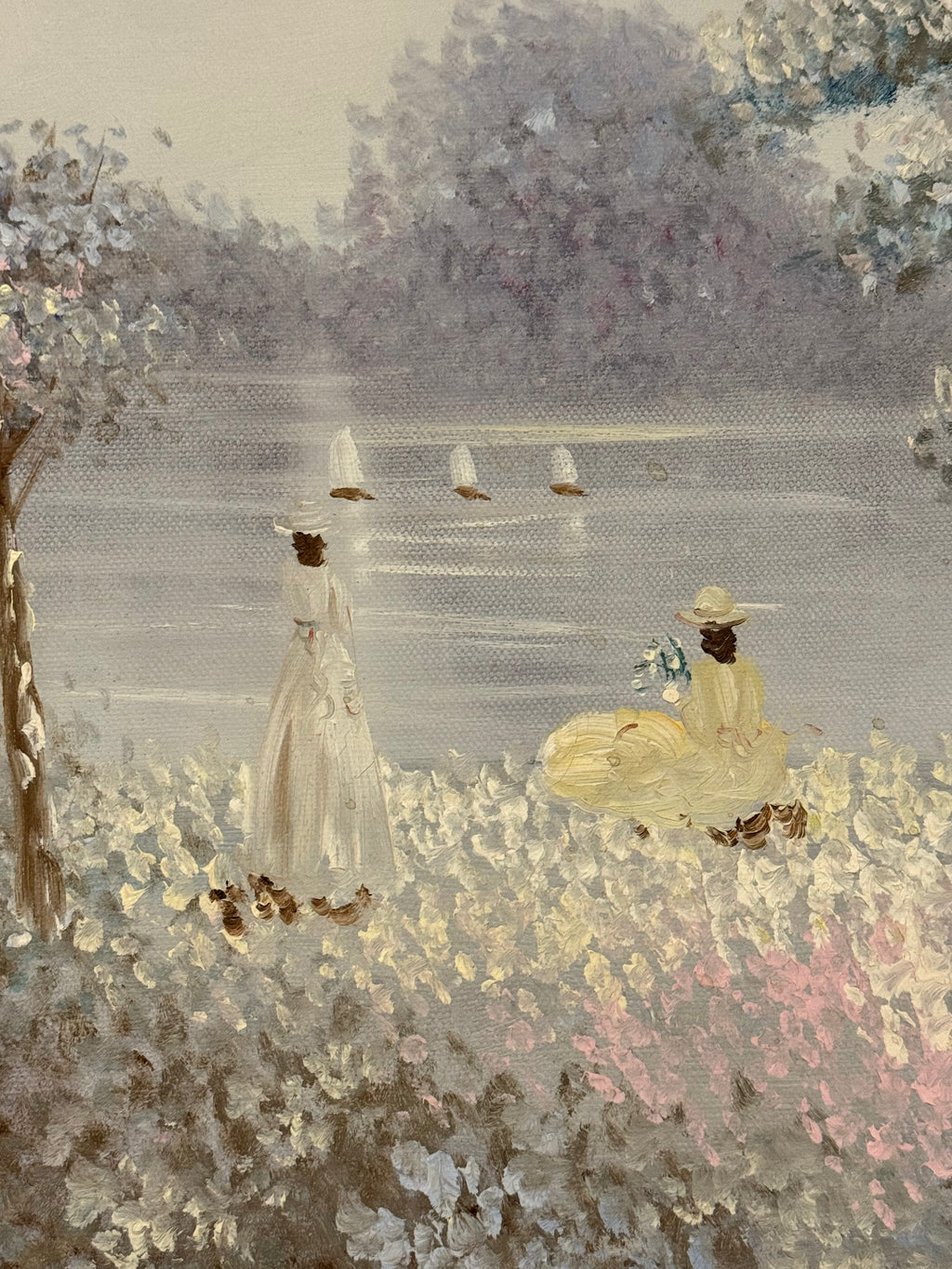 Hancock Victorian Woman at Lakeside Big Trees and Sail Boats Original Oil Painting