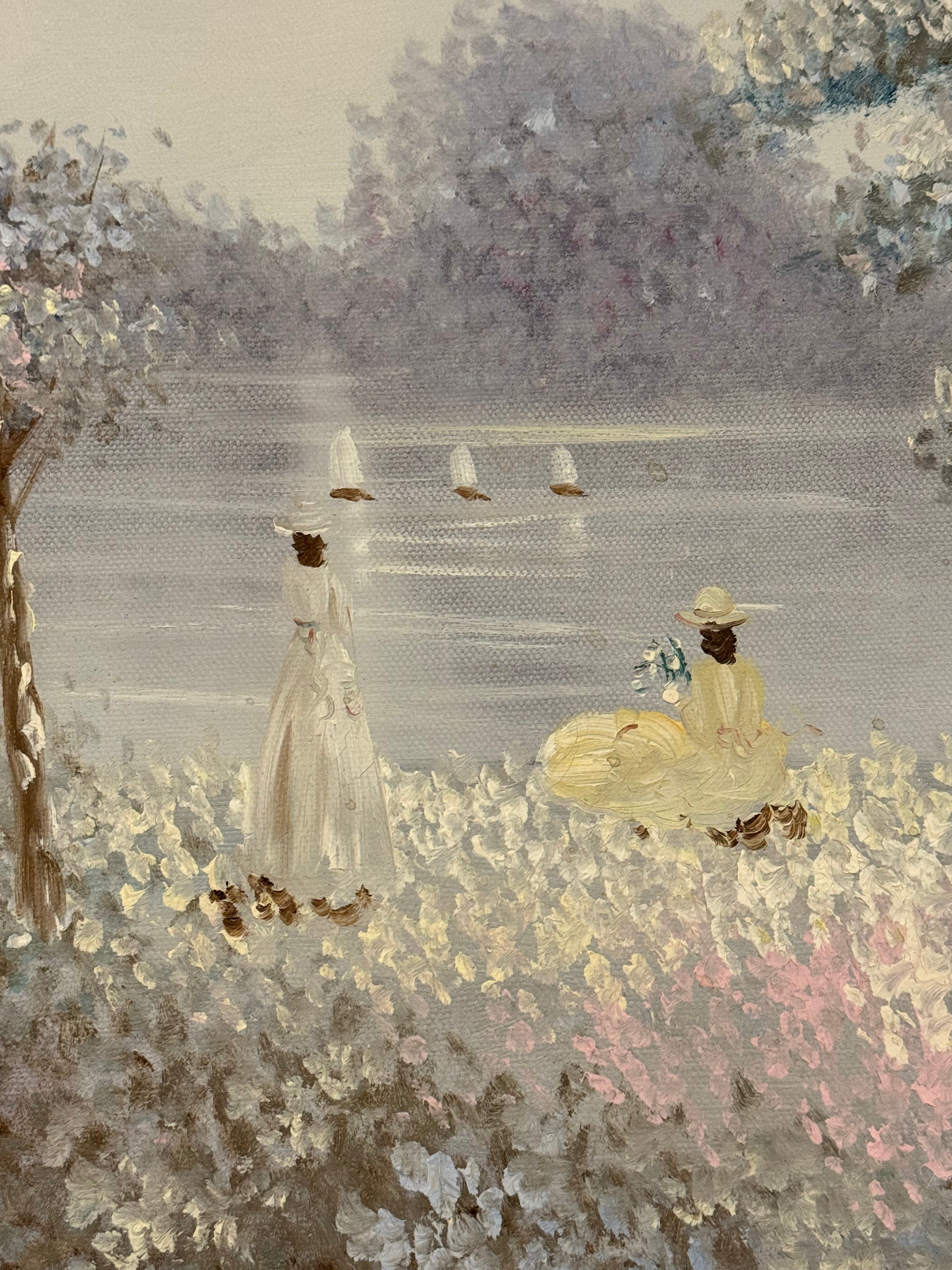 Hancock Victorian Woman at Lakeside Big Trees and Sail Boats Original Oil Painting