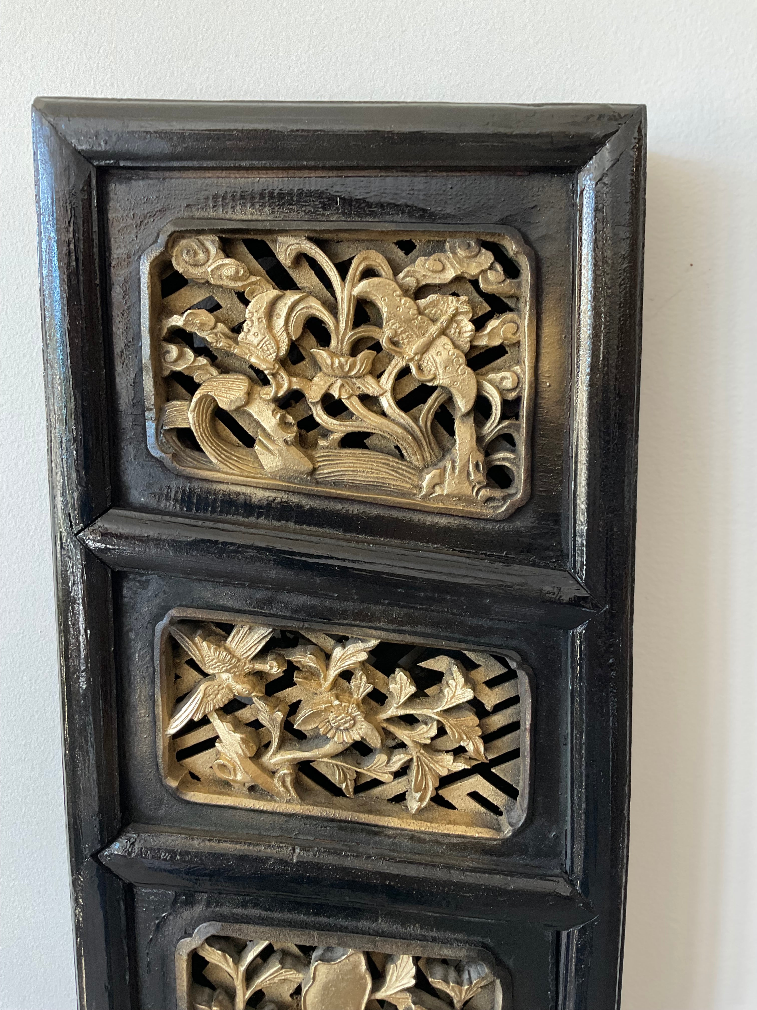 Chinese Hand Carved Wood and Gold Gilt 4-fold Screen