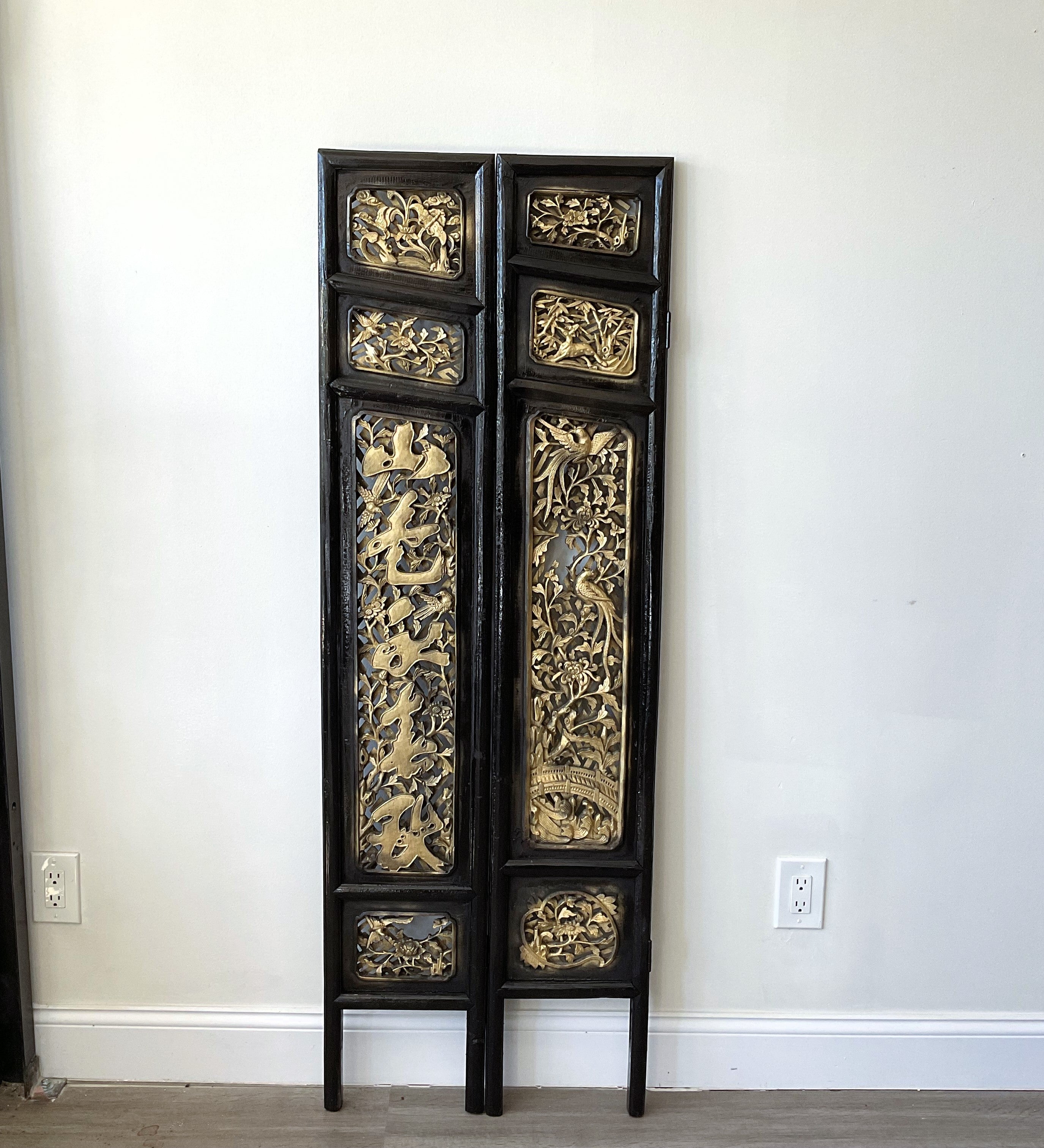 Chinese Hand Carved Wood and Gold Gilt 4-fold Screen