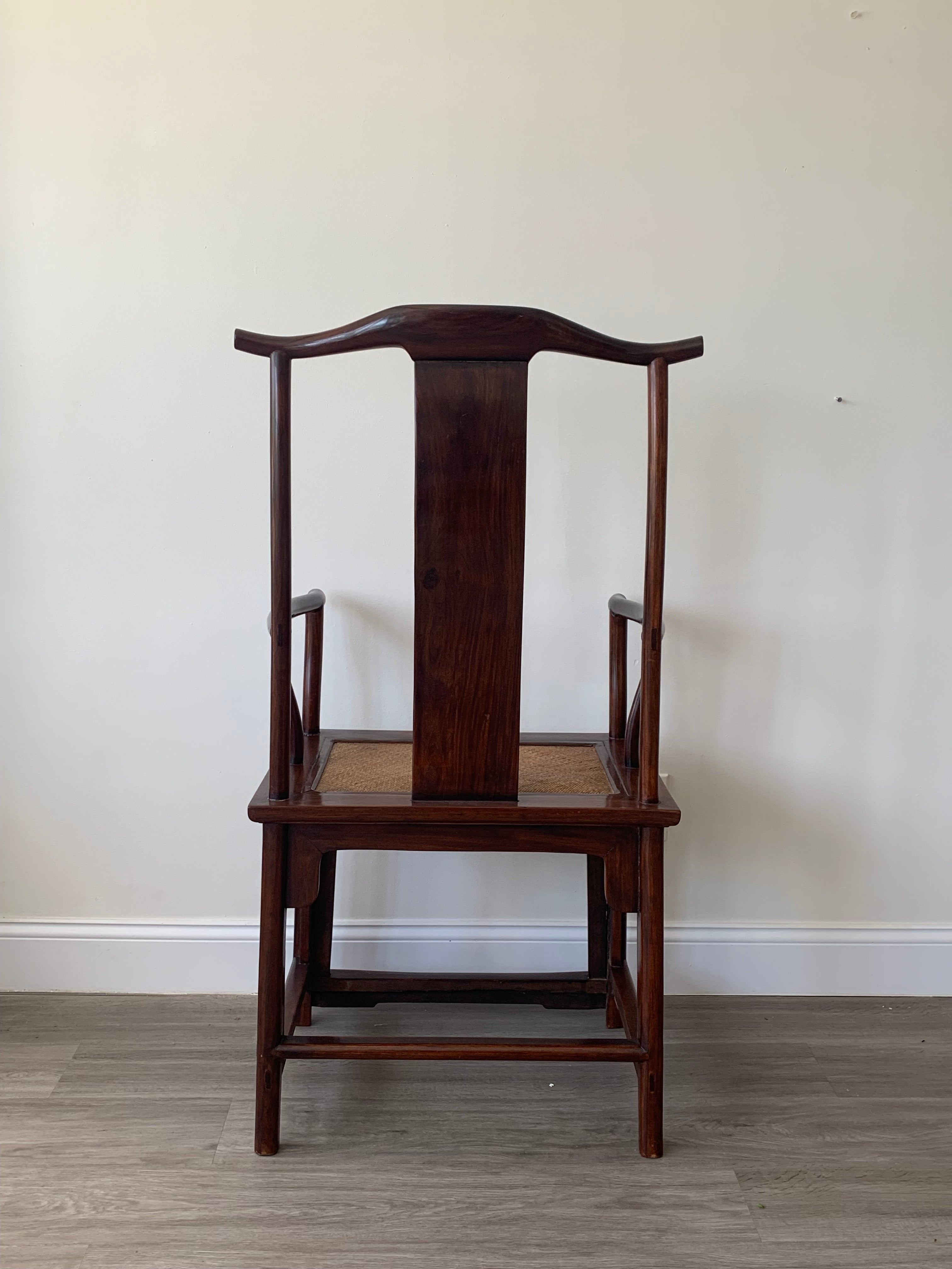 Pair of Chinese Ming Dynasty Rosewood Armchairs with Rattan Seats
