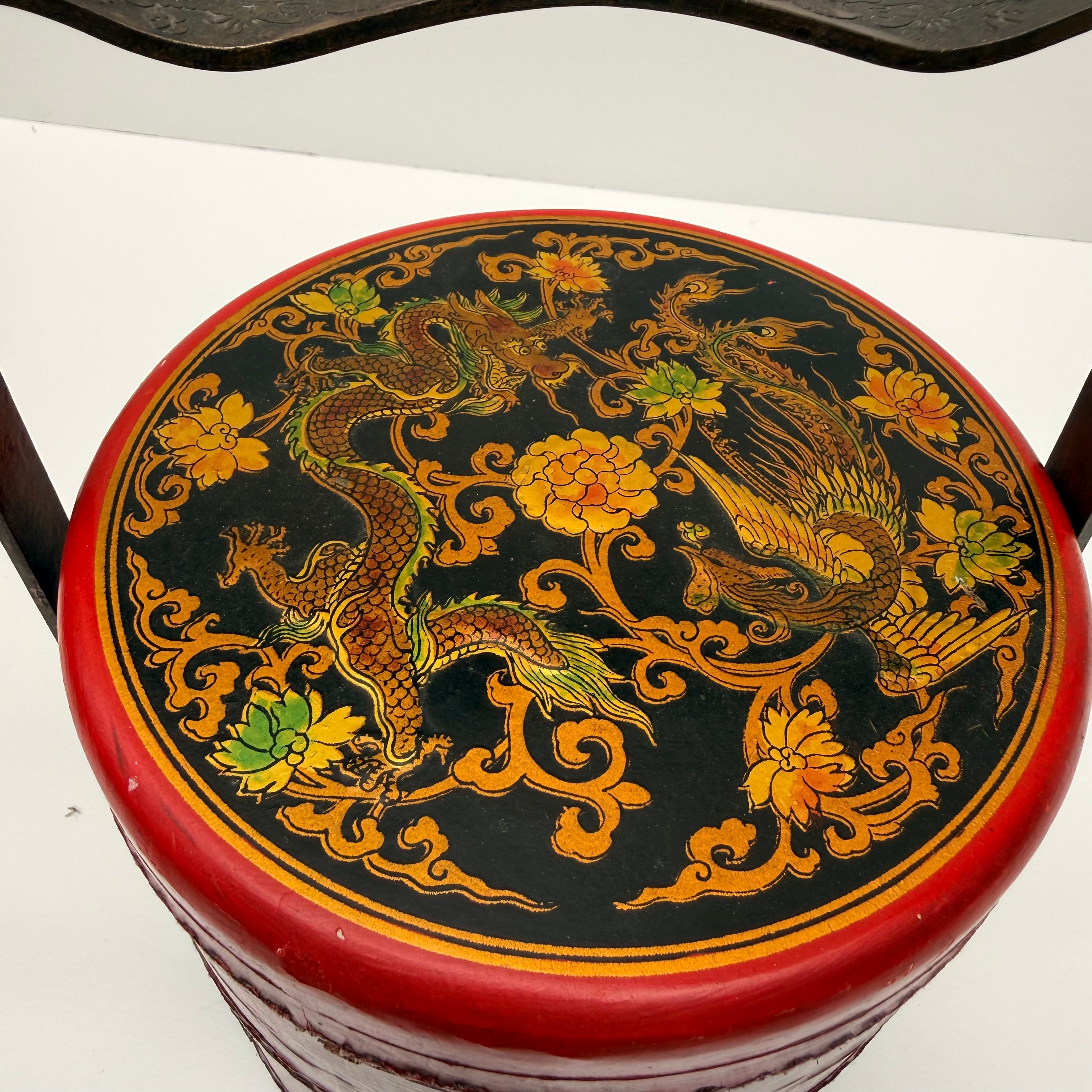 Chinese Wedding Basket with Bronze Handle, Dragon & Phoenix Decoration