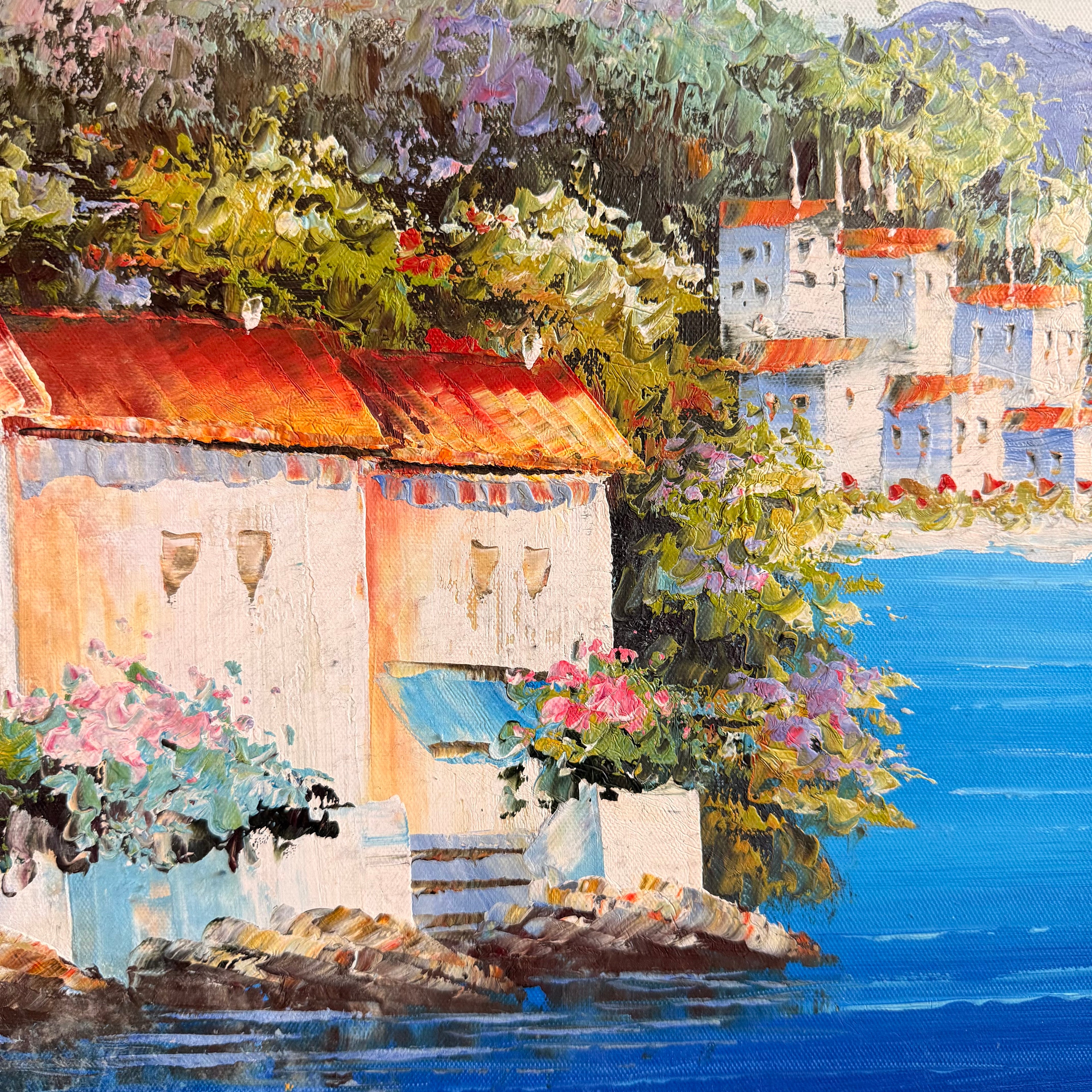 Mediterranean Coastal Village Oil Painting Seascape Landscape 41''x29''