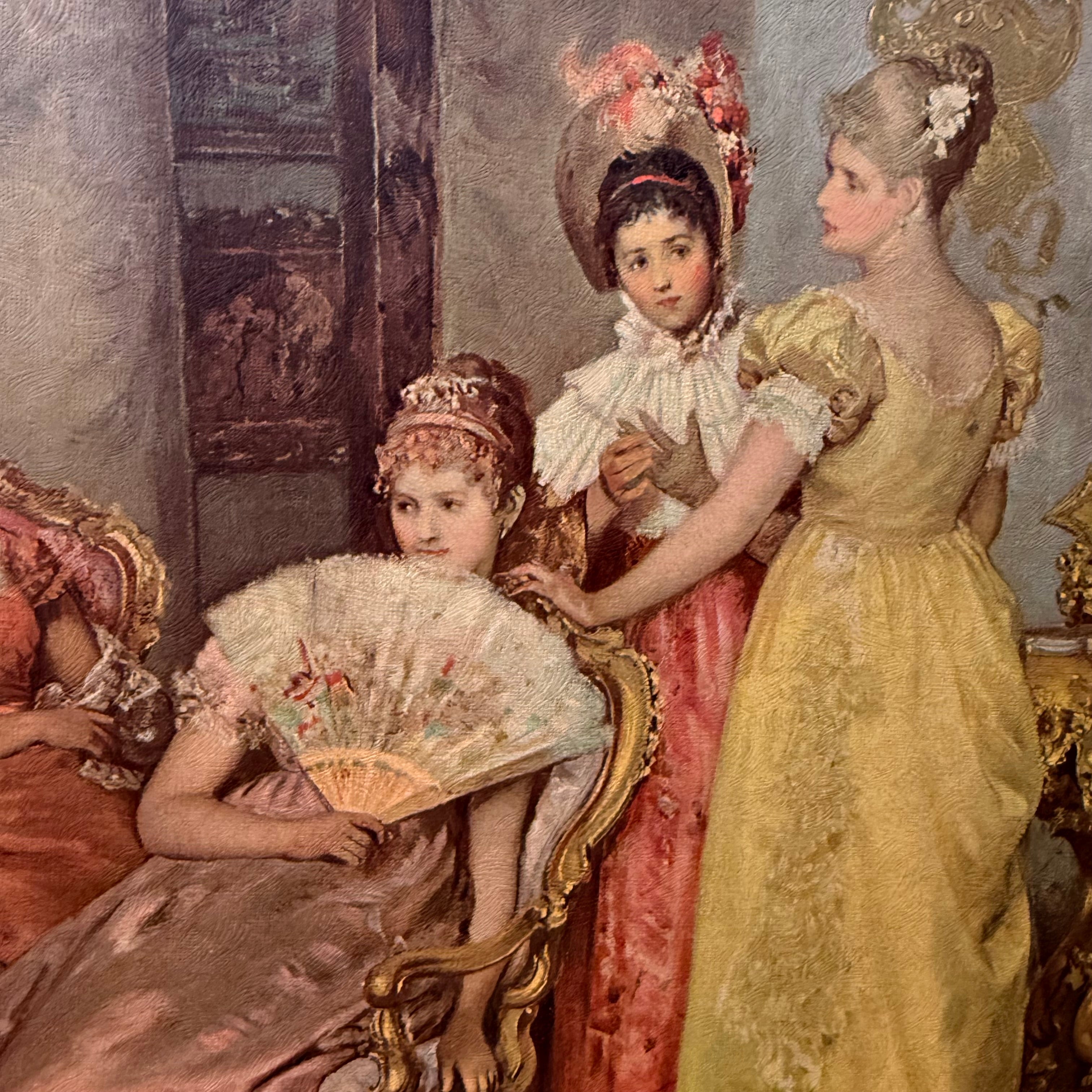 Large Vintage European Salon Scene Framed Wall Art | Ornate Gold Frame Classical Interior Print 55” x 31”