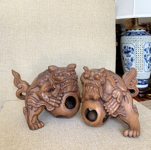 Pair of hand carved Wooden Foo Dogs Lion dogs Guardian Lion