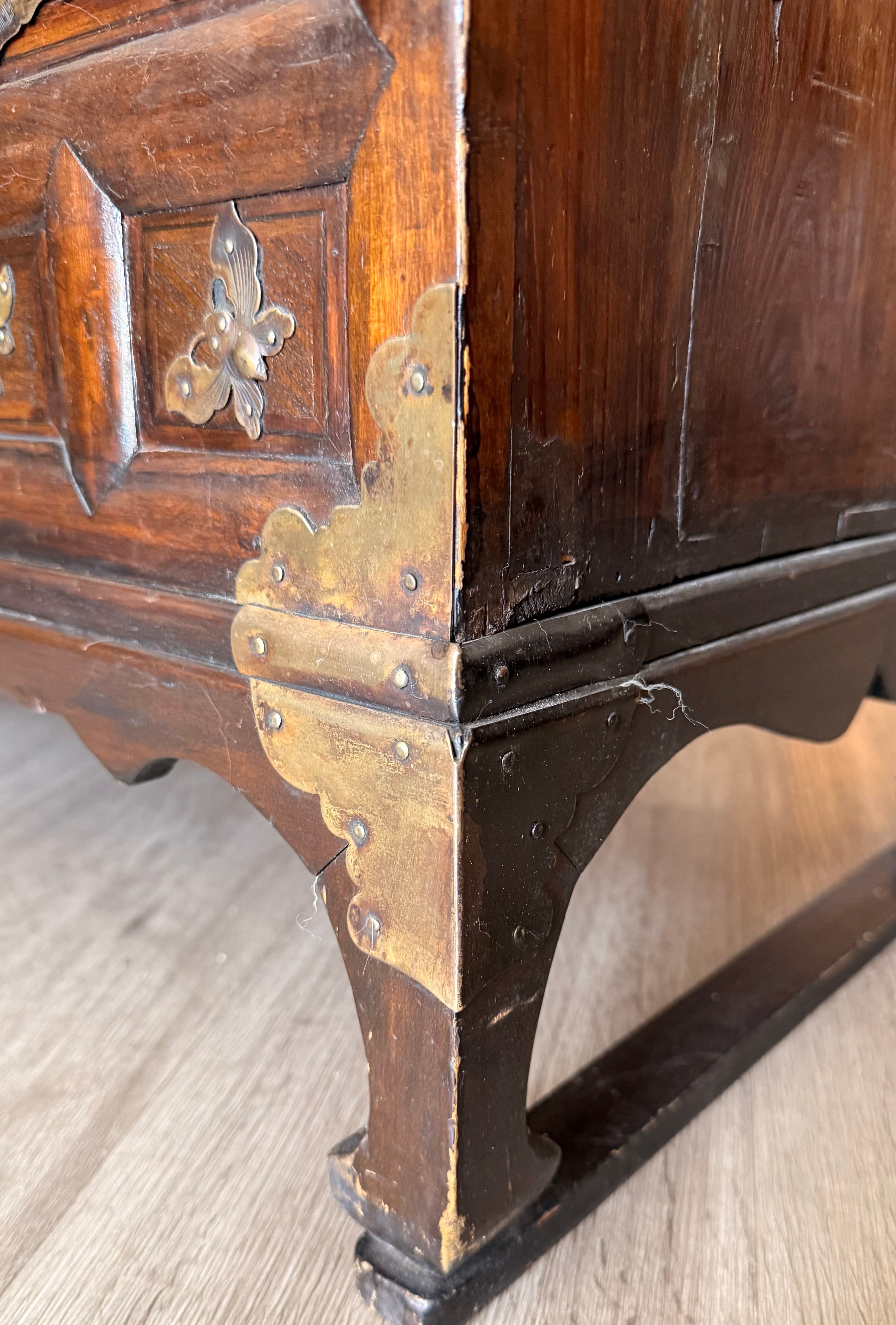 Korean Brass-Mounted Hardwood Cabinet with Glass Top