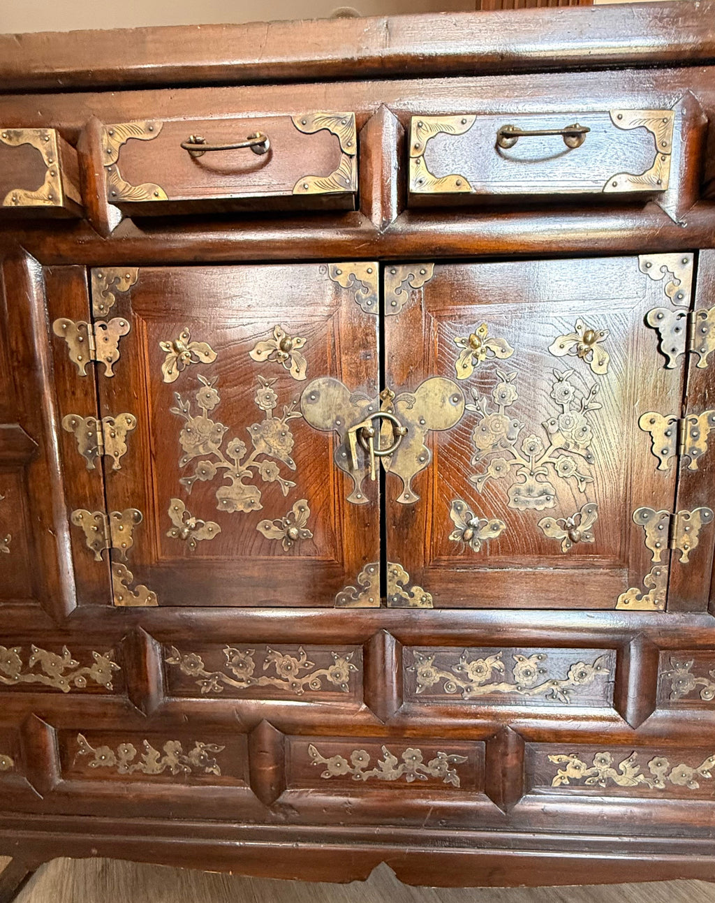 Korean Brass-Mounted Hardwood Cabinet with Glass Top