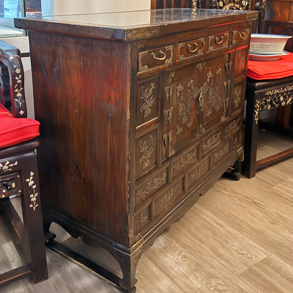 Korean Brass-Mounted Hardwood Cabinet with Glass Top