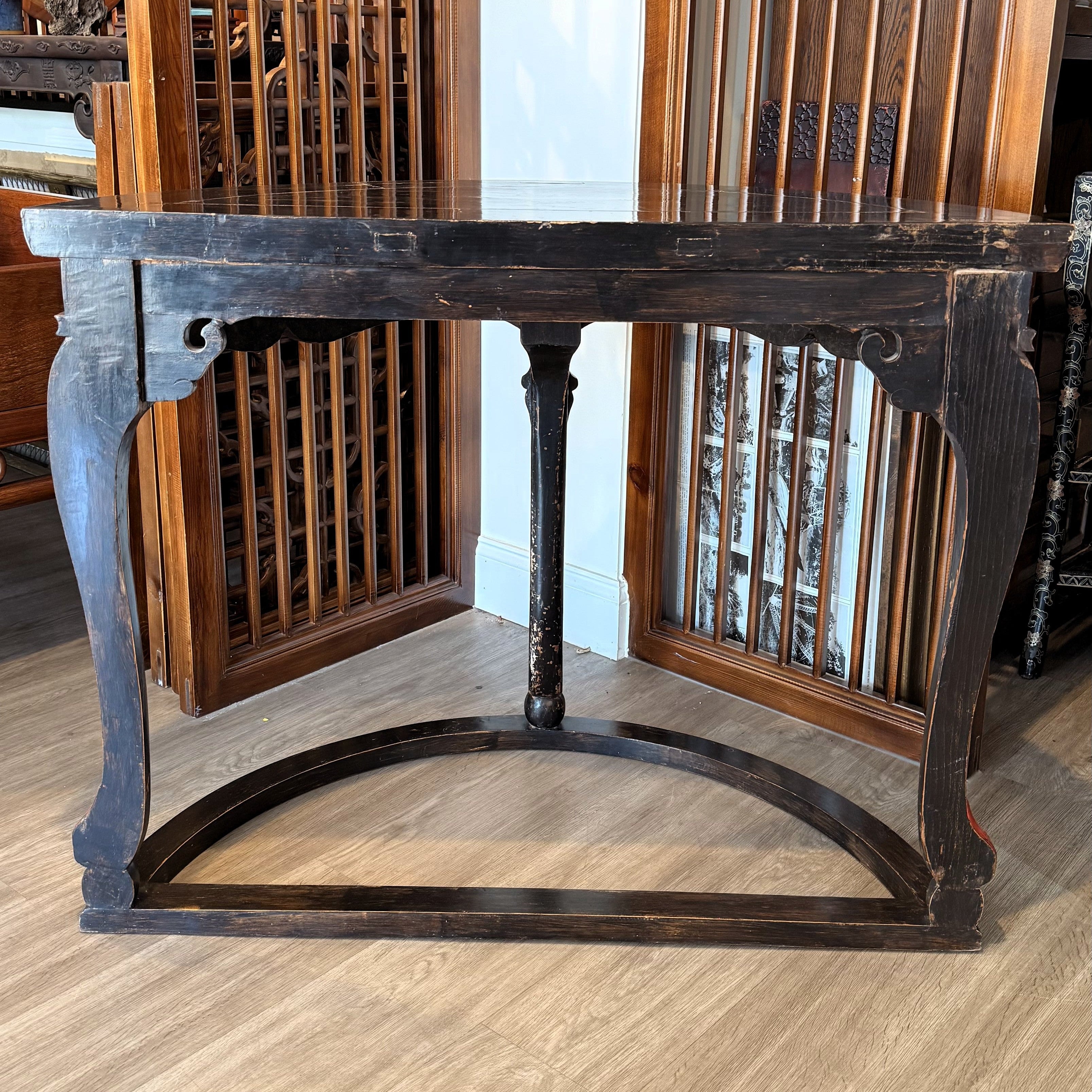 Pair of Vintage Chinese Black Lacquer Demi-Lune Tables