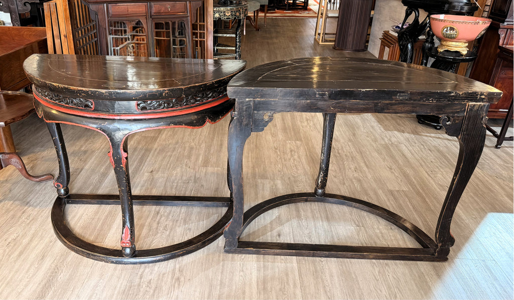 Pair of Vintage Chinese Black Lacquer Demi-Lune Tables