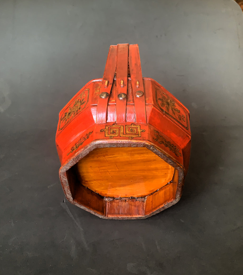 Vintage  Chinese Basket Red Lacquer With Floral