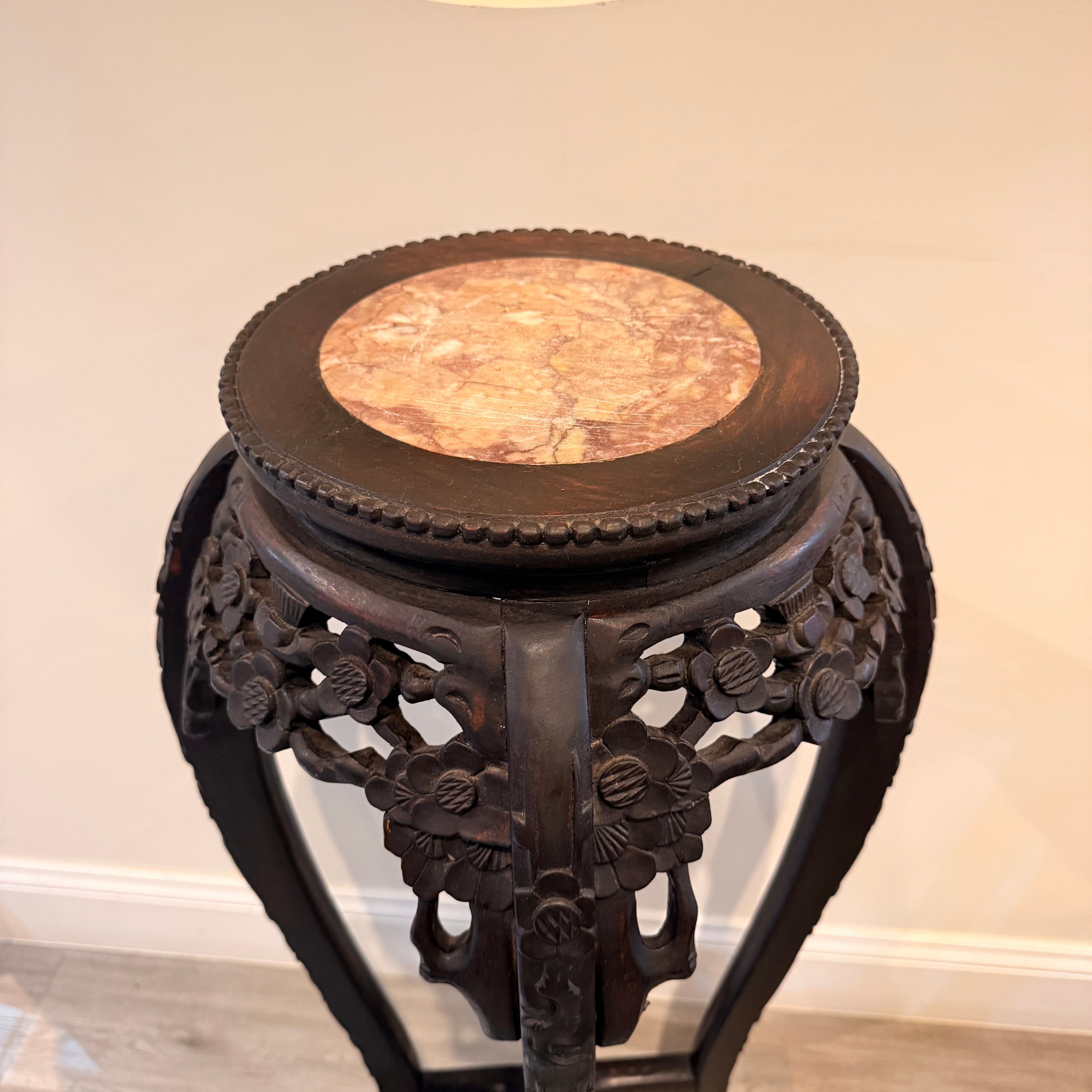 Vintage Carved Pedestal with Rose Marble Inset