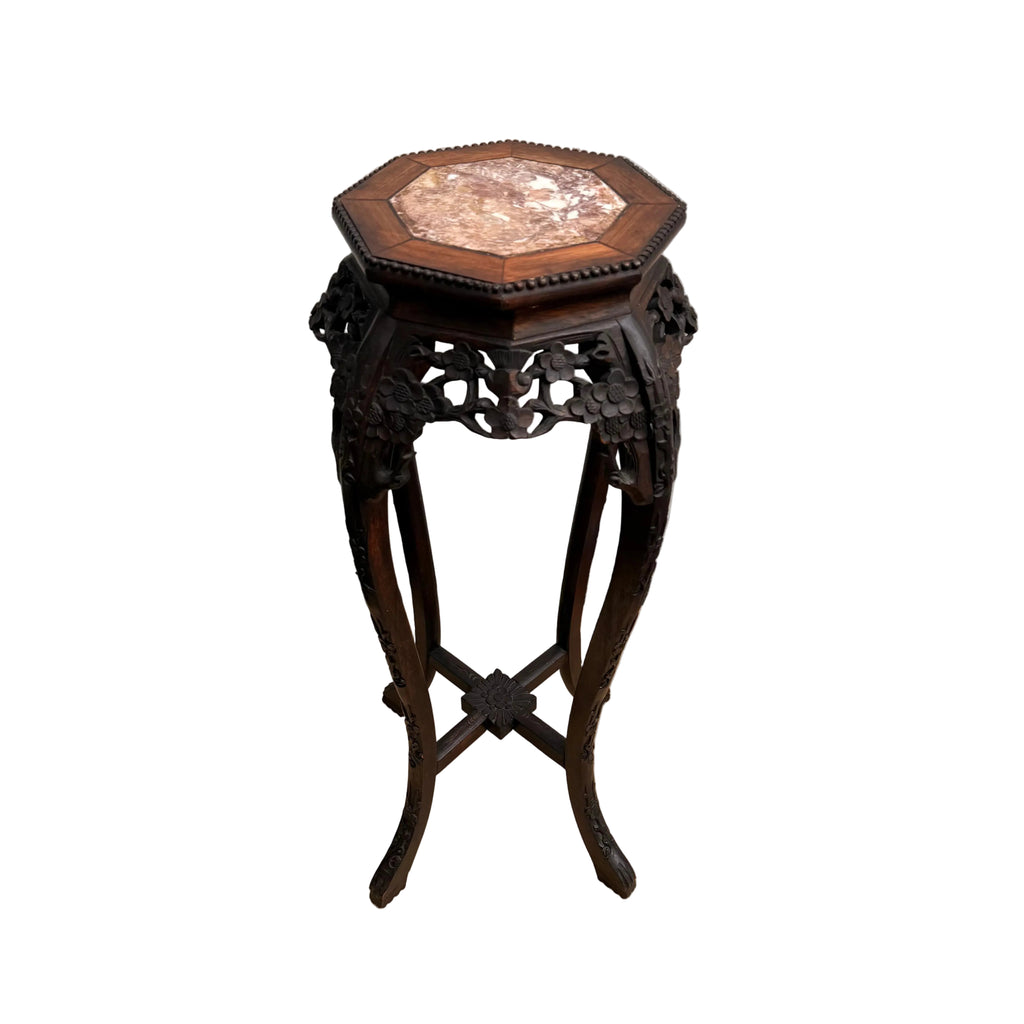 Handcrafted Rosewood Pedestal Plant Stand with Marble Top