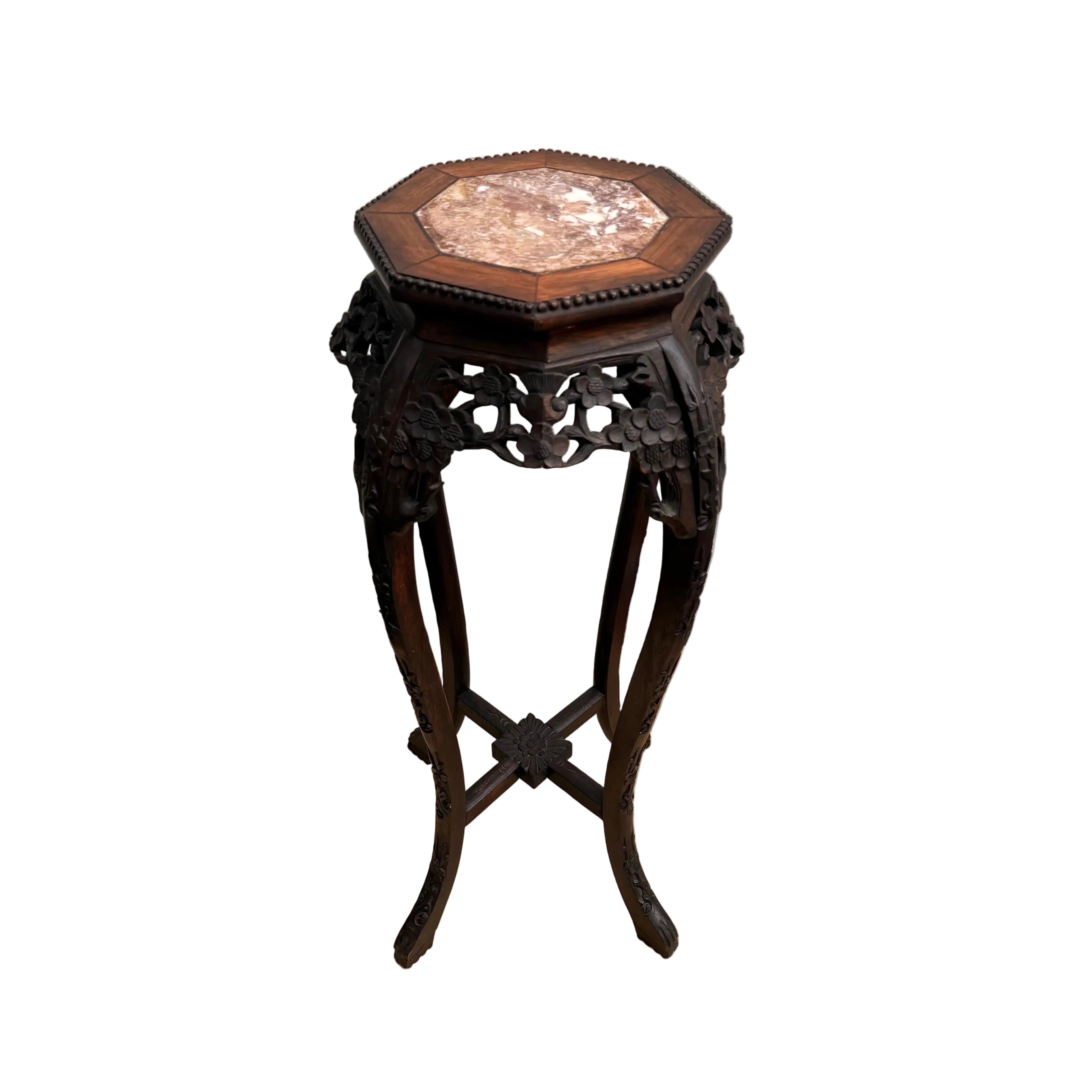 Handcrafted Rosewood Pedestal Plant Stand with Marble Top