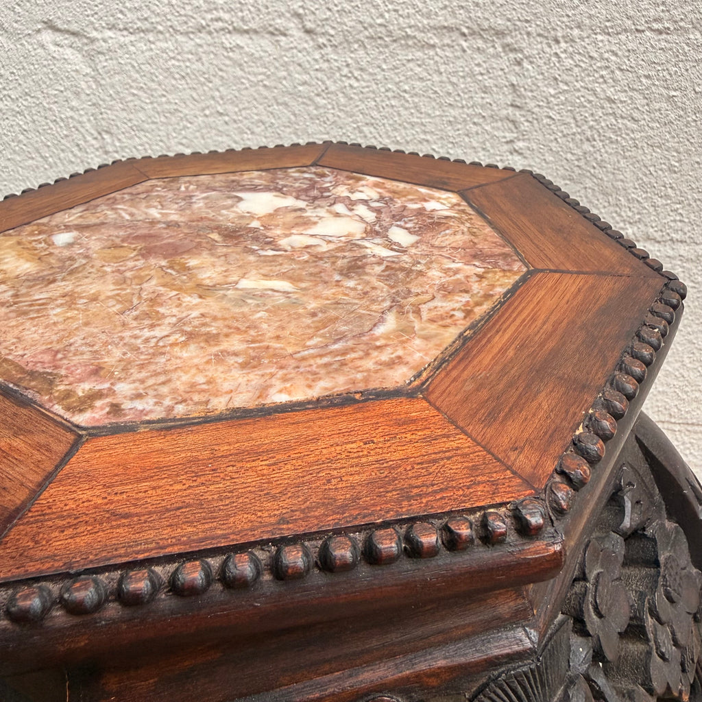 Handcrafted Rosewood Pedestal Plant Stand with Marble Top