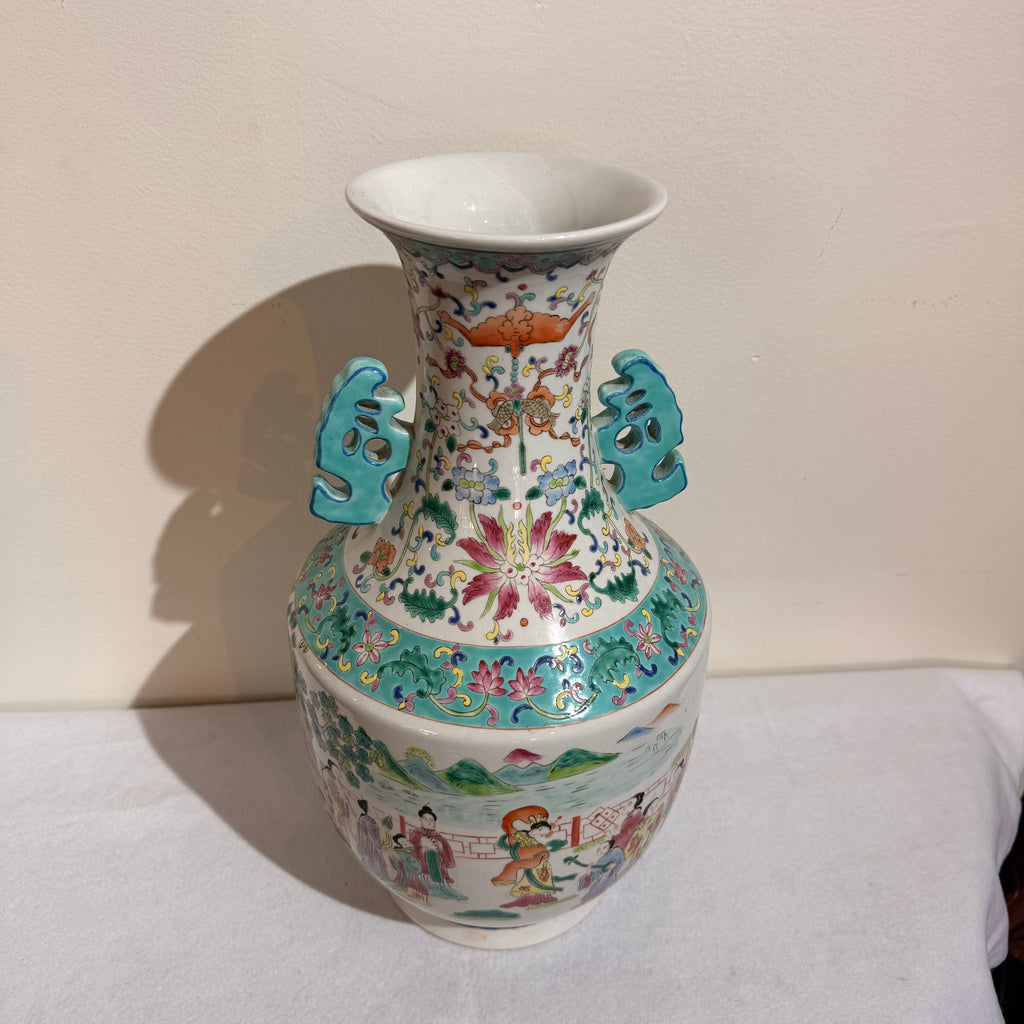 Chinese Famille Rose Figural Porcelain Vase with Turquoise Handles