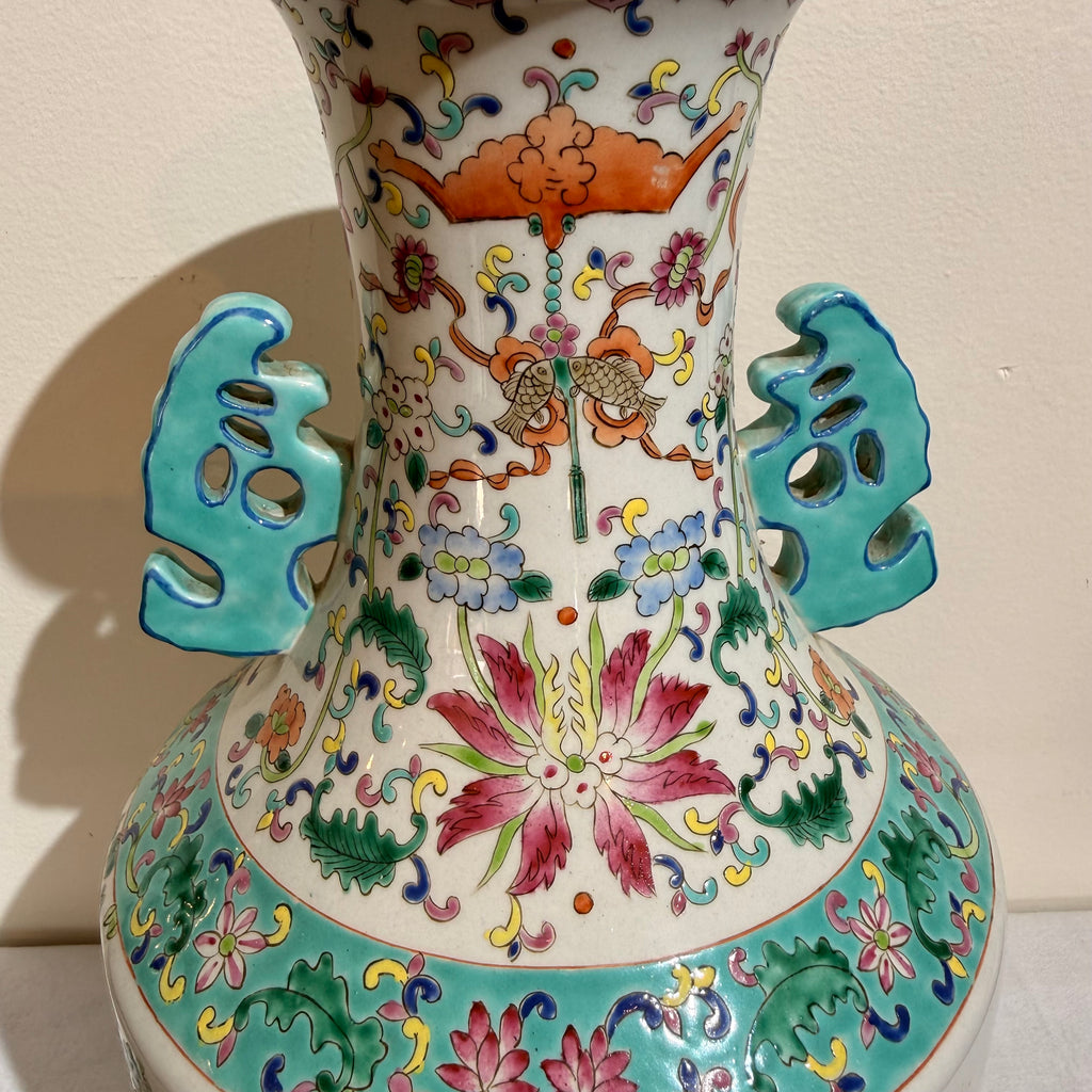 Chinese Famille Rose Figural Porcelain Vase with Turquoise Handles