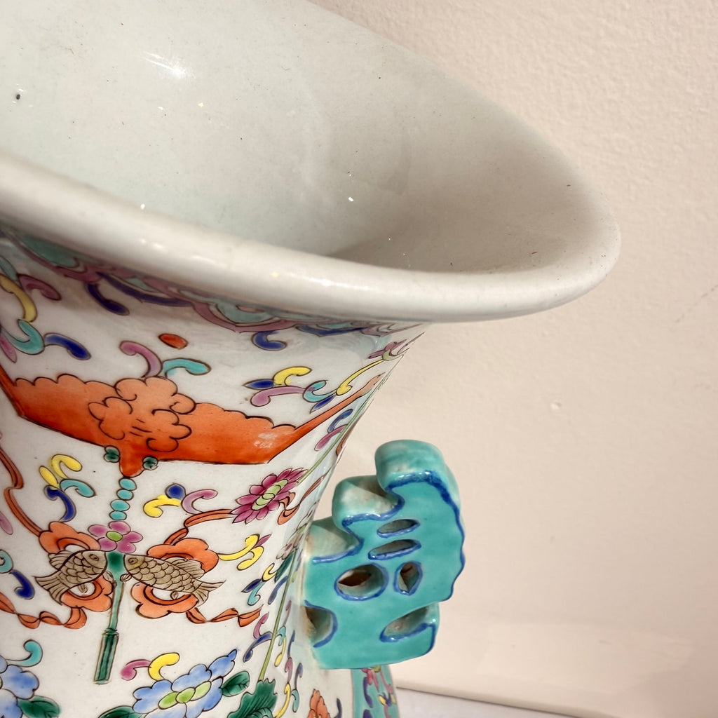 Chinese Famille Rose Figural Porcelain Vase with Turquoise Handles