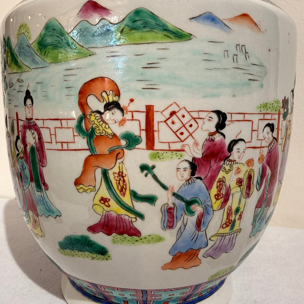 Chinese Famille Rose Figural Porcelain Vase with Turquoise Handles