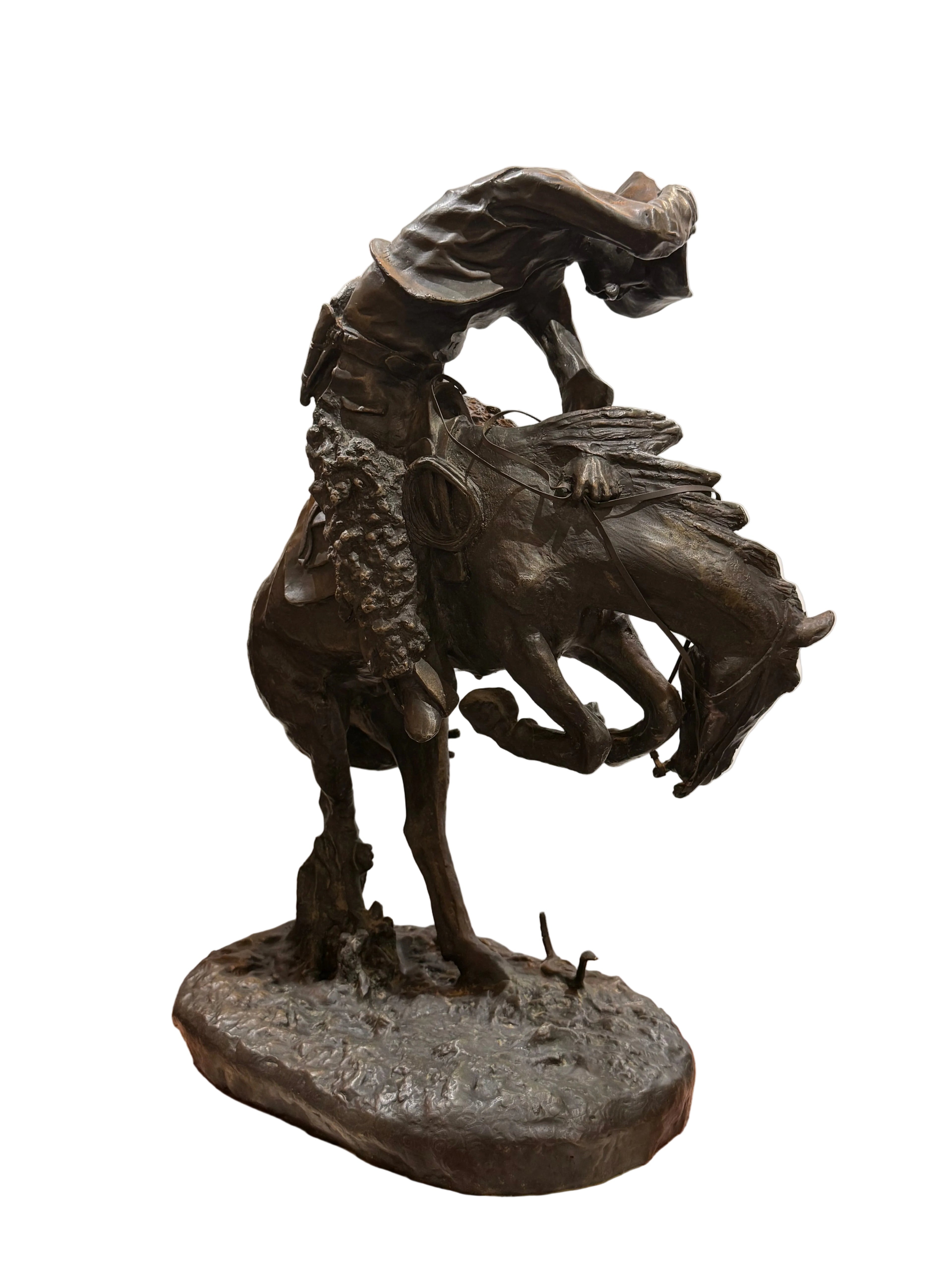 Bronze Cowboy and Bucking Horse Sculpture, After Frederic Remington