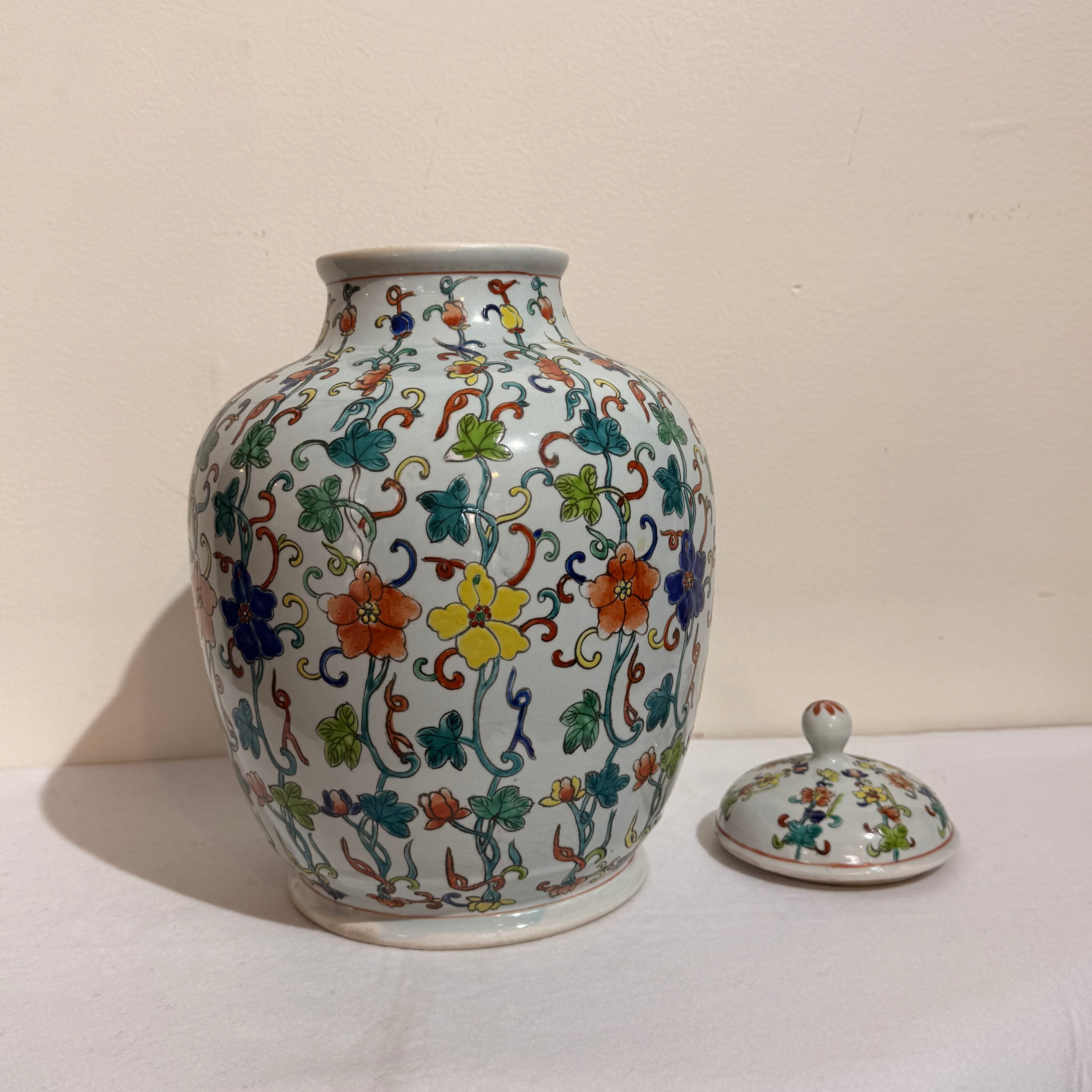 Chinese Famille Verte Floral Porcelain Covered Jar