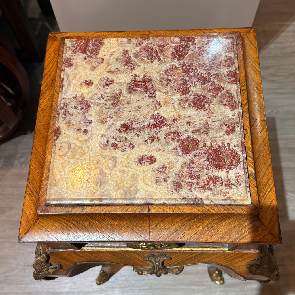 Pair of Vintage French-Style Marquetry & Stone-Top Side Tables