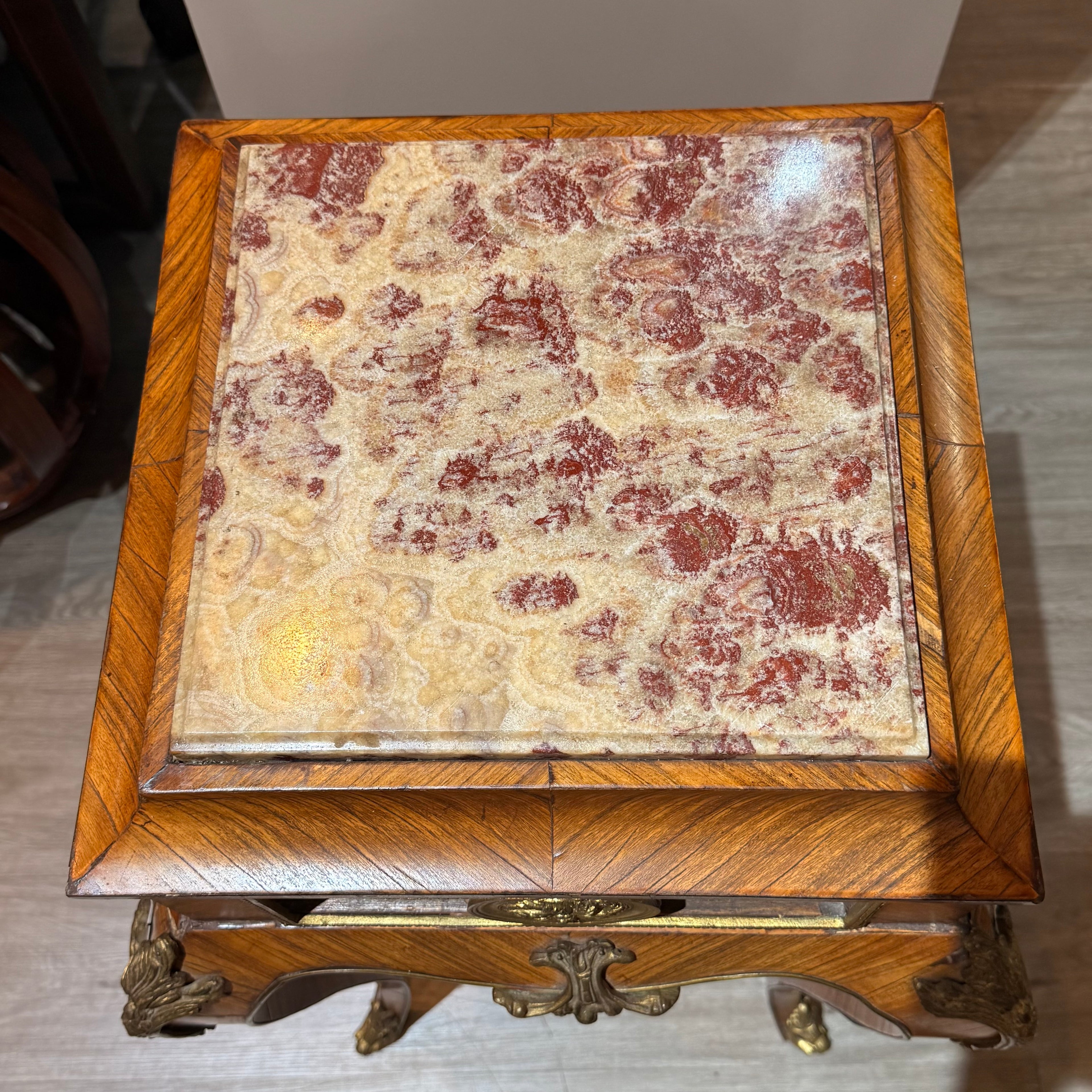 Pair of Vintage French-Style Marquetry & Stone-Top Side Tables
