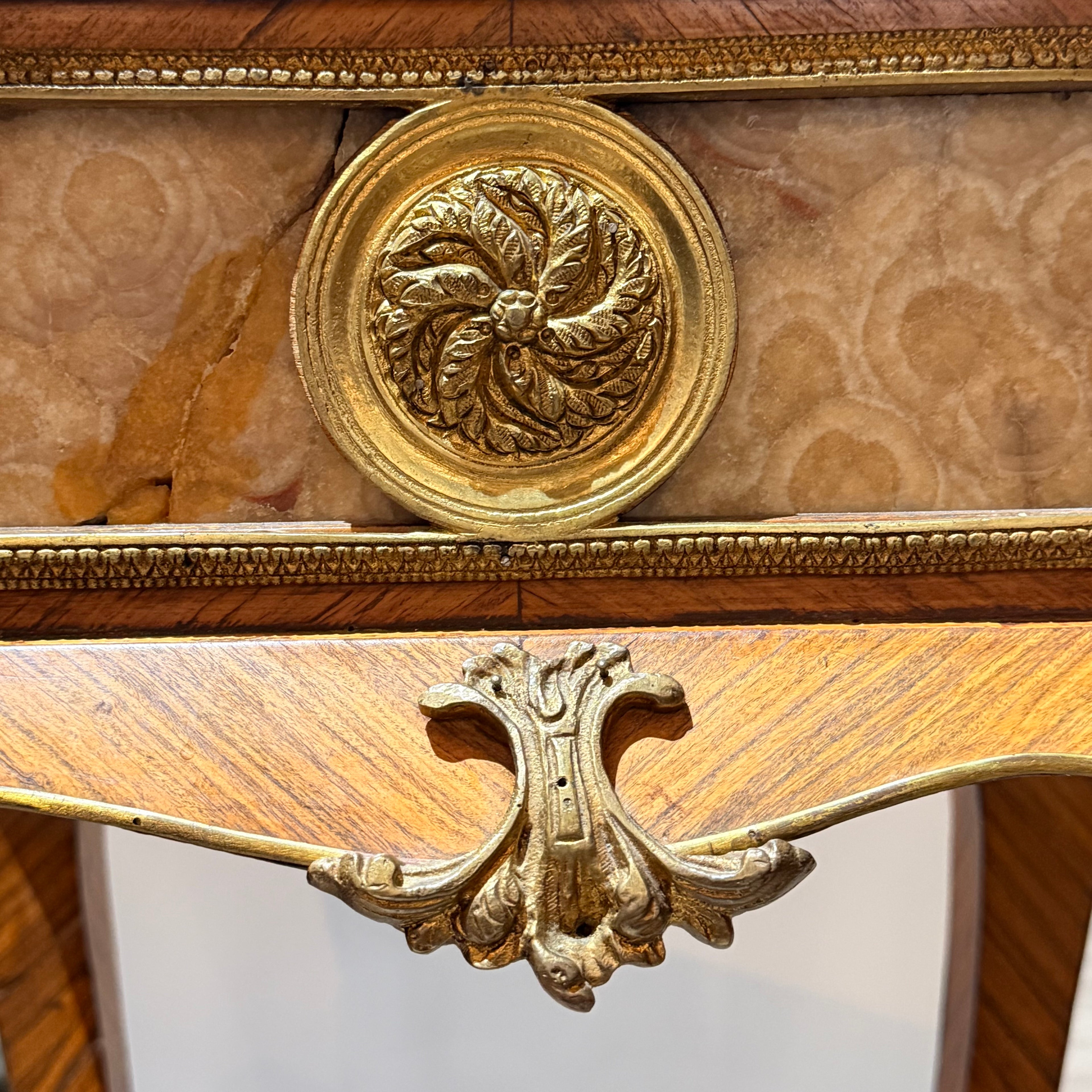 Pair of Vintage French-Style Marquetry & Stone-Top Side Tables