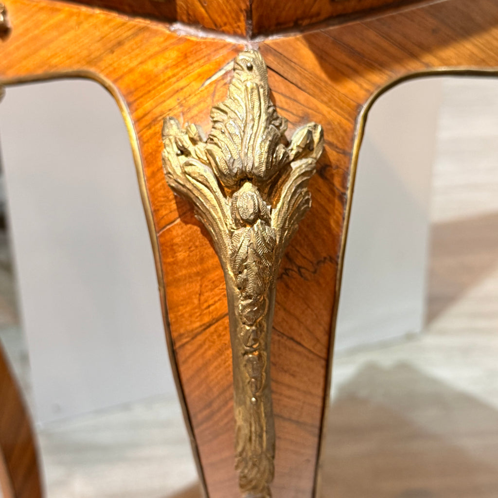 Pair of Vintage French-Style Marquetry & Stone-Top Side Tables