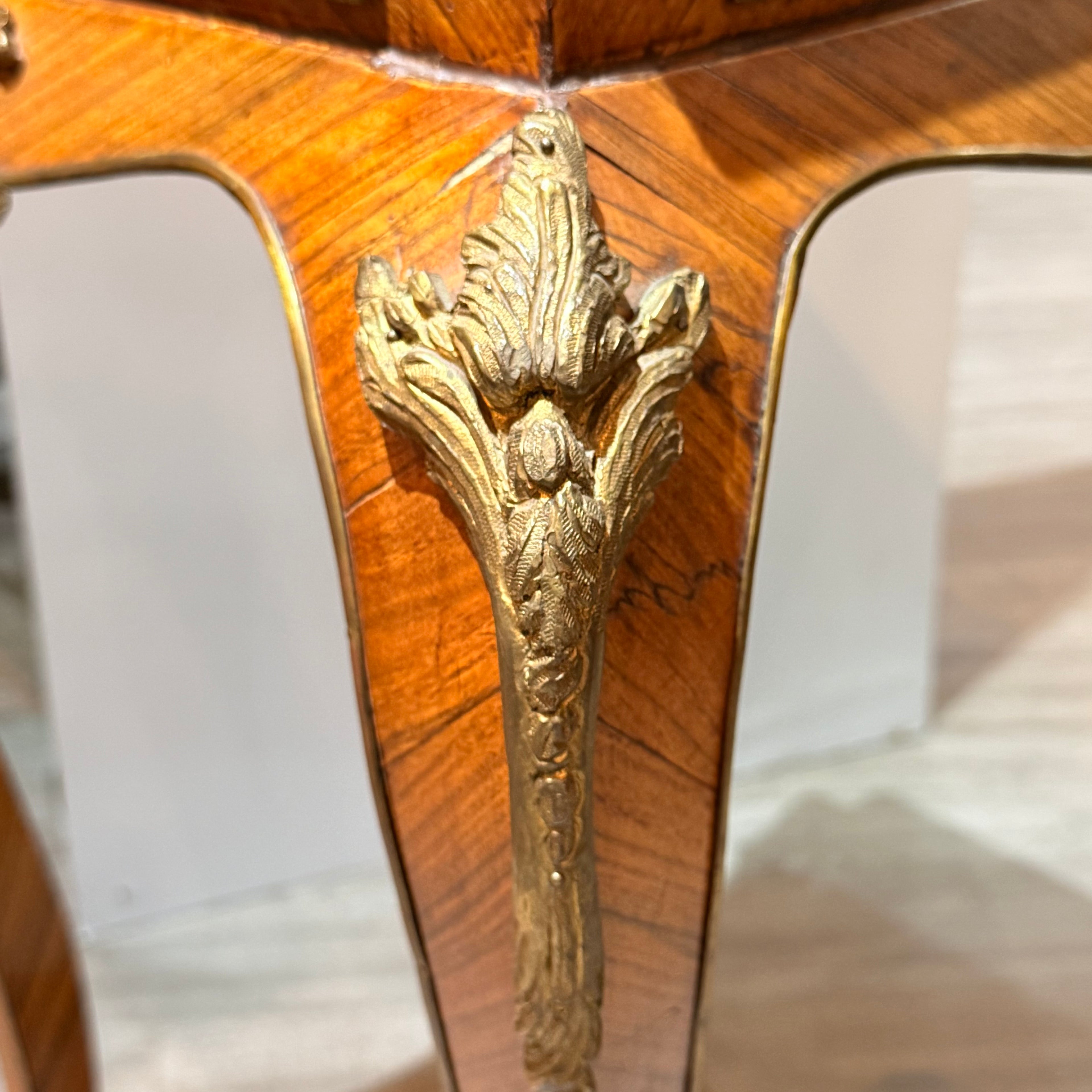 Pair of Vintage French-Style Marquetry & Stone-Top Side Tables