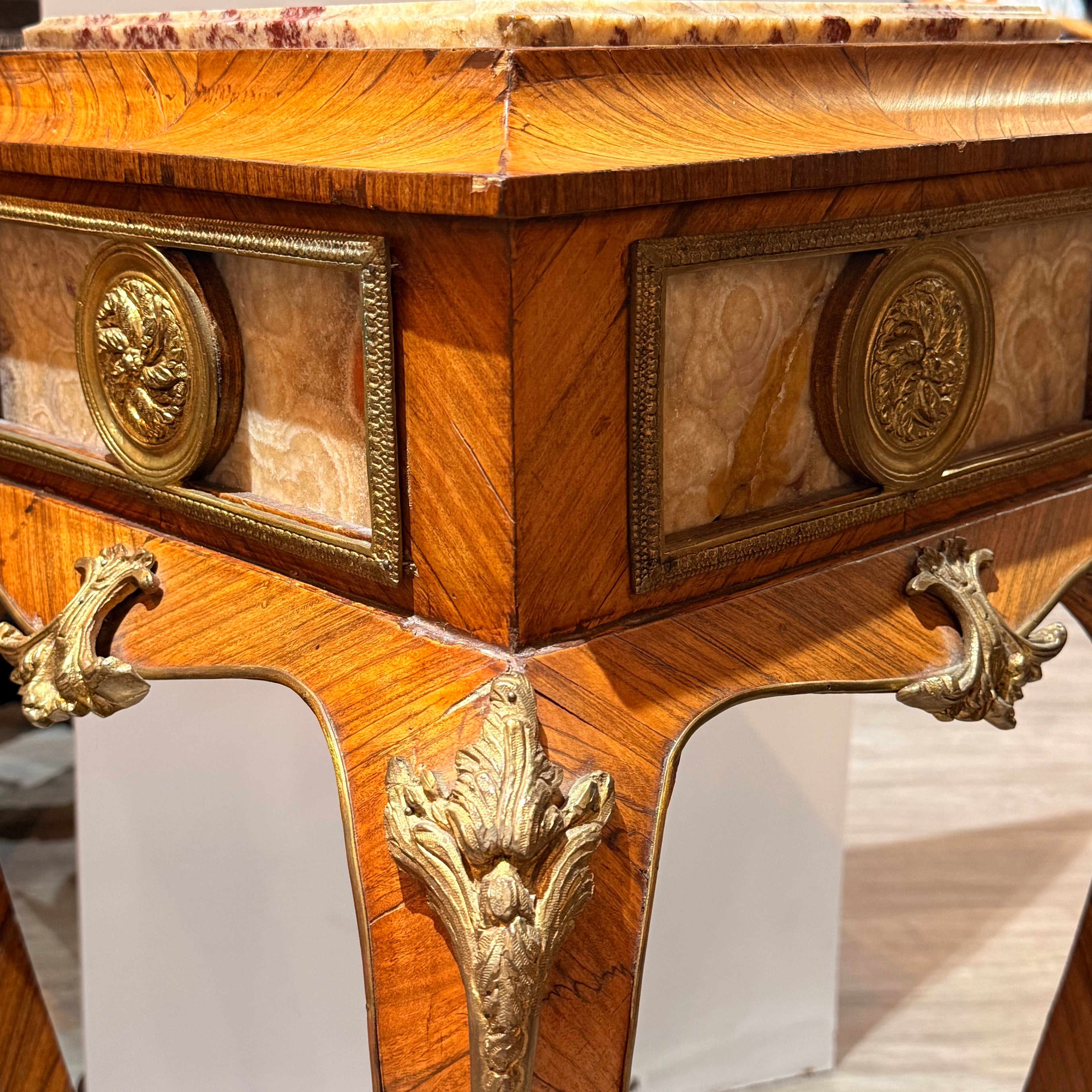 Pair of Vintage French-Style Marquetry & Stone-Top Side Tables
