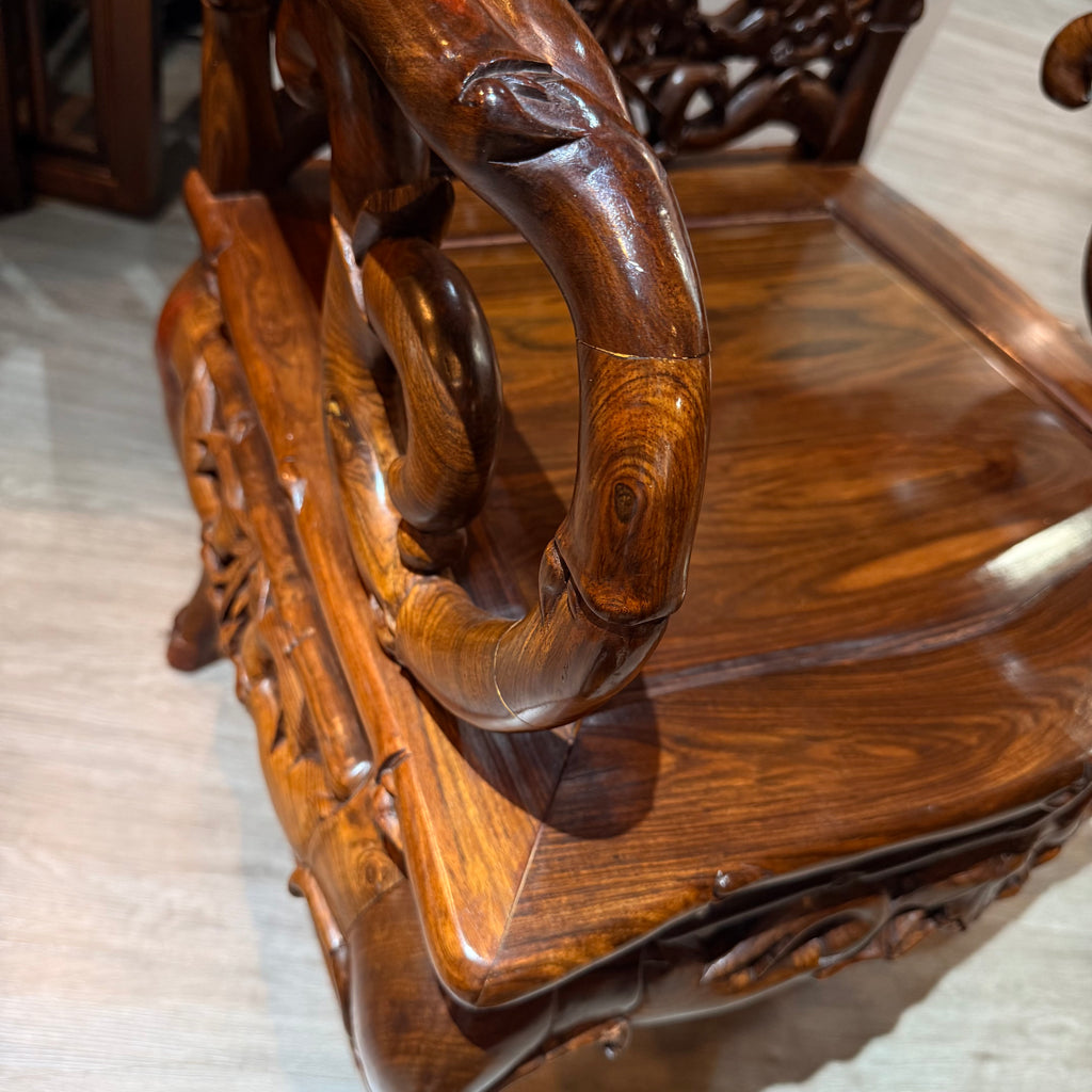 Chinese Carved Rosewood Armchair with Natural Stone Panel