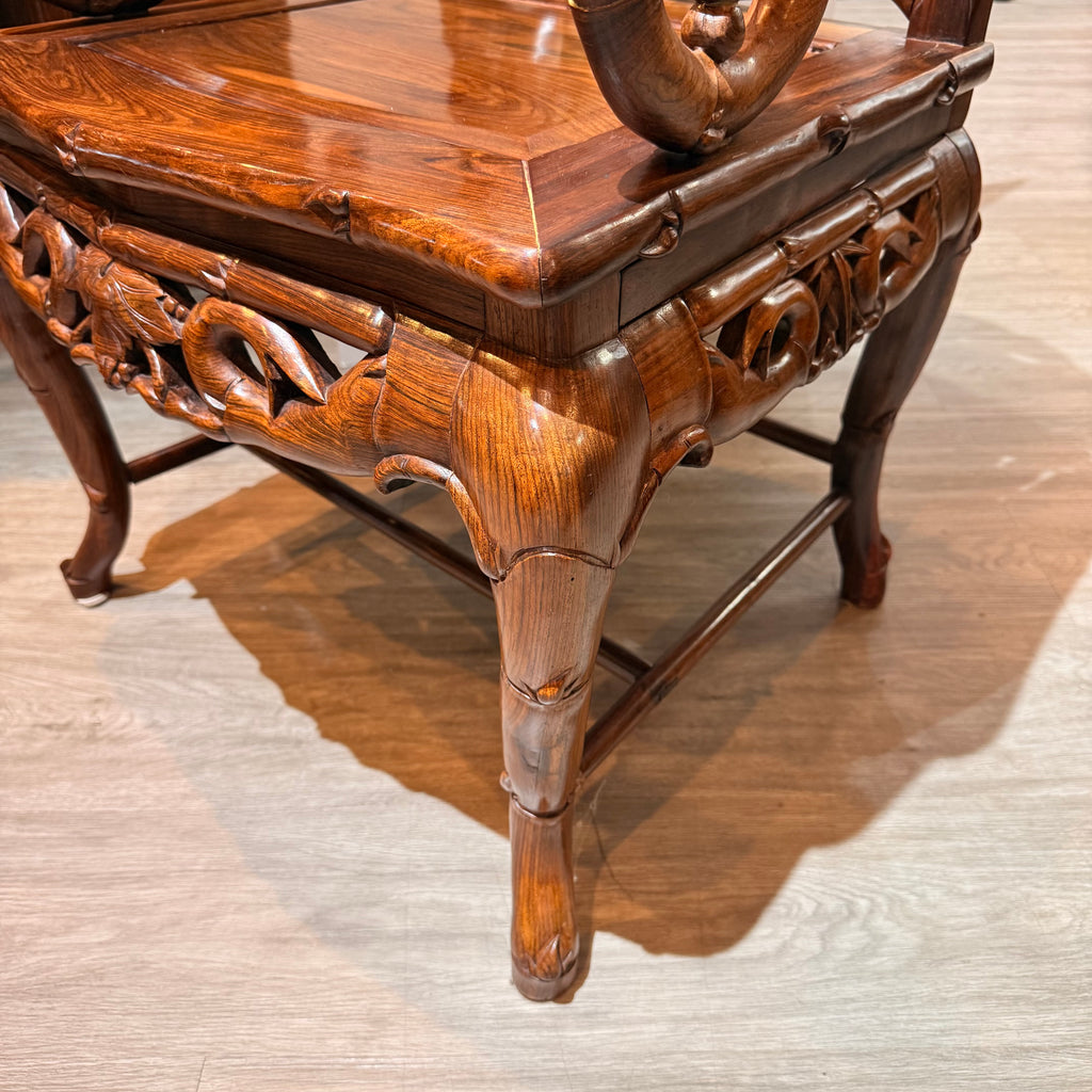 Chinese Carved Rosewood Armchair with Natural Stone Panel