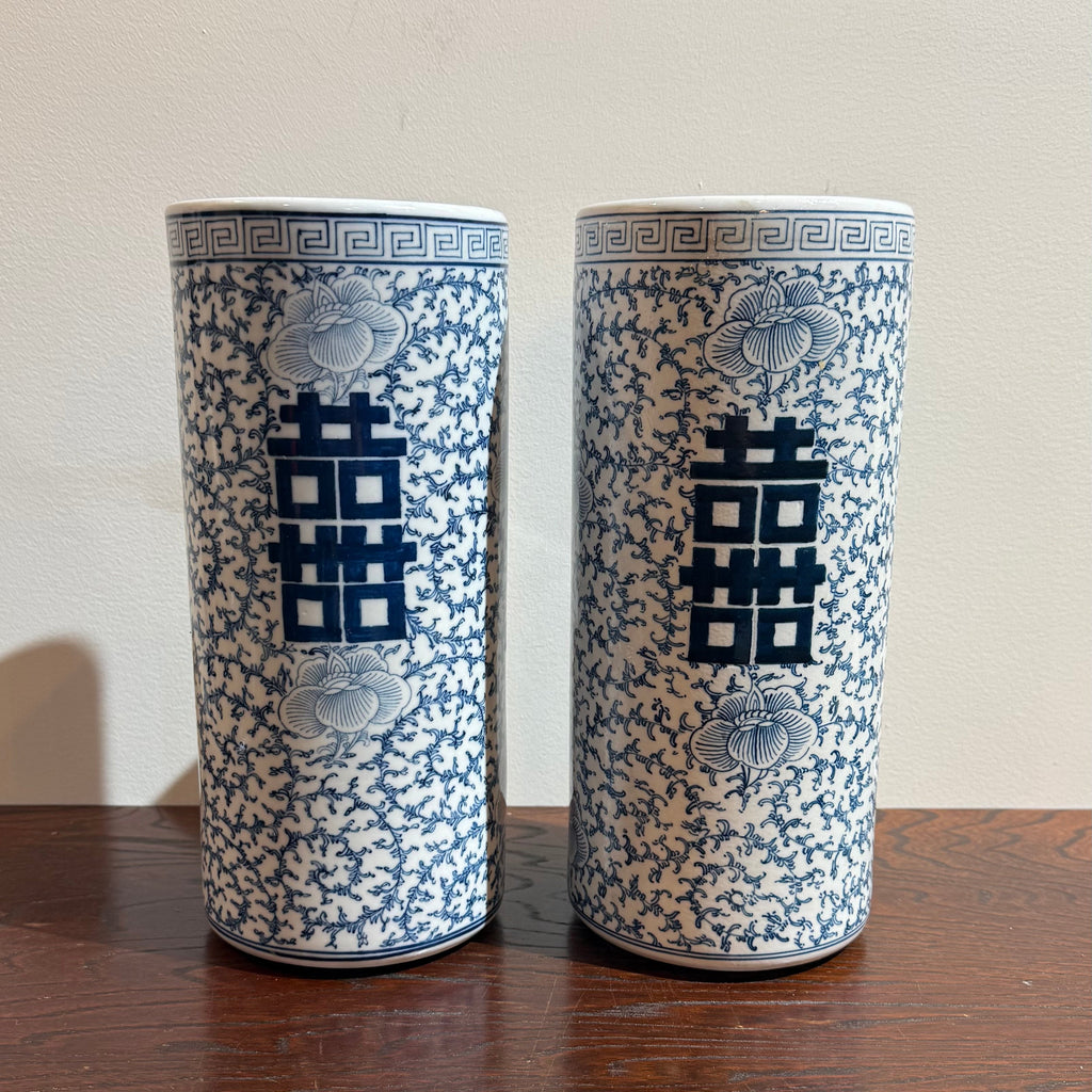 Pair of Blue and White “Double Happiness” Porcelain Vases