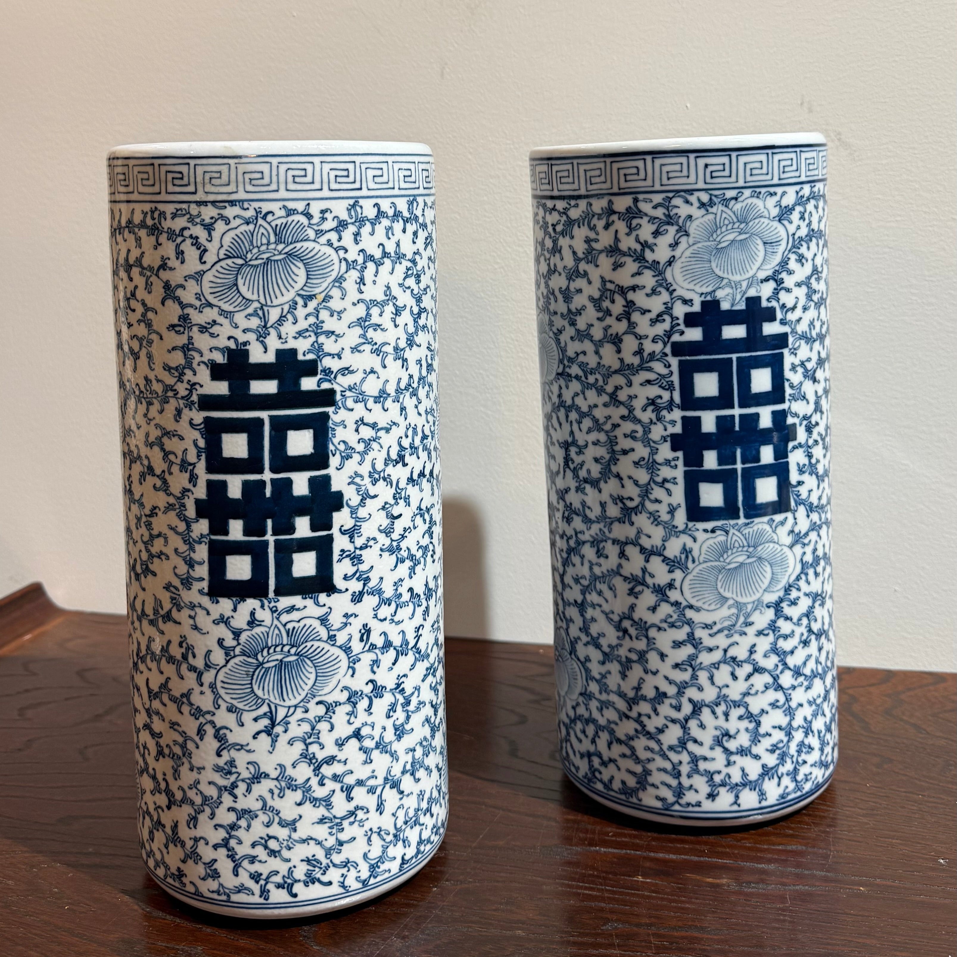Pair of Blue and White “Double Happiness” Porcelain Vases