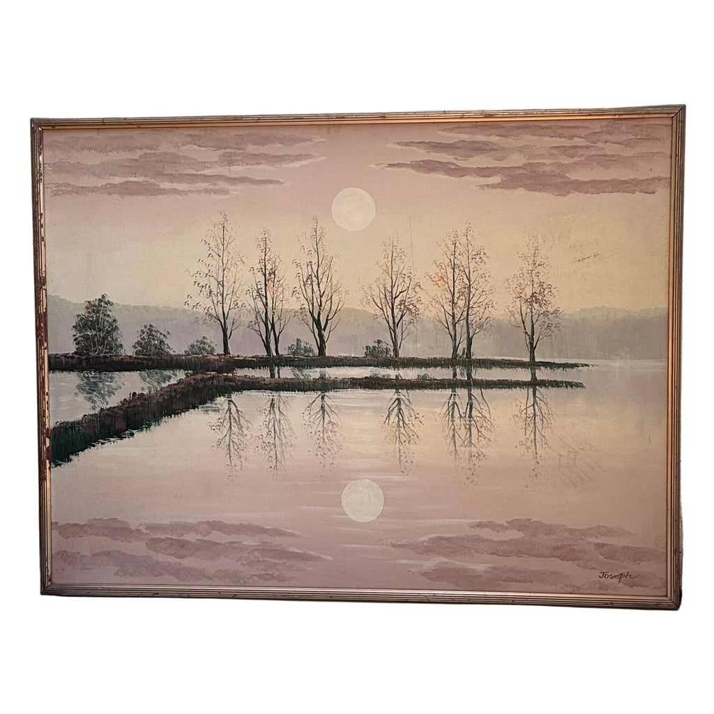 Large Vintage Oil Painting of a Moonlit Lake, Signed Joseph