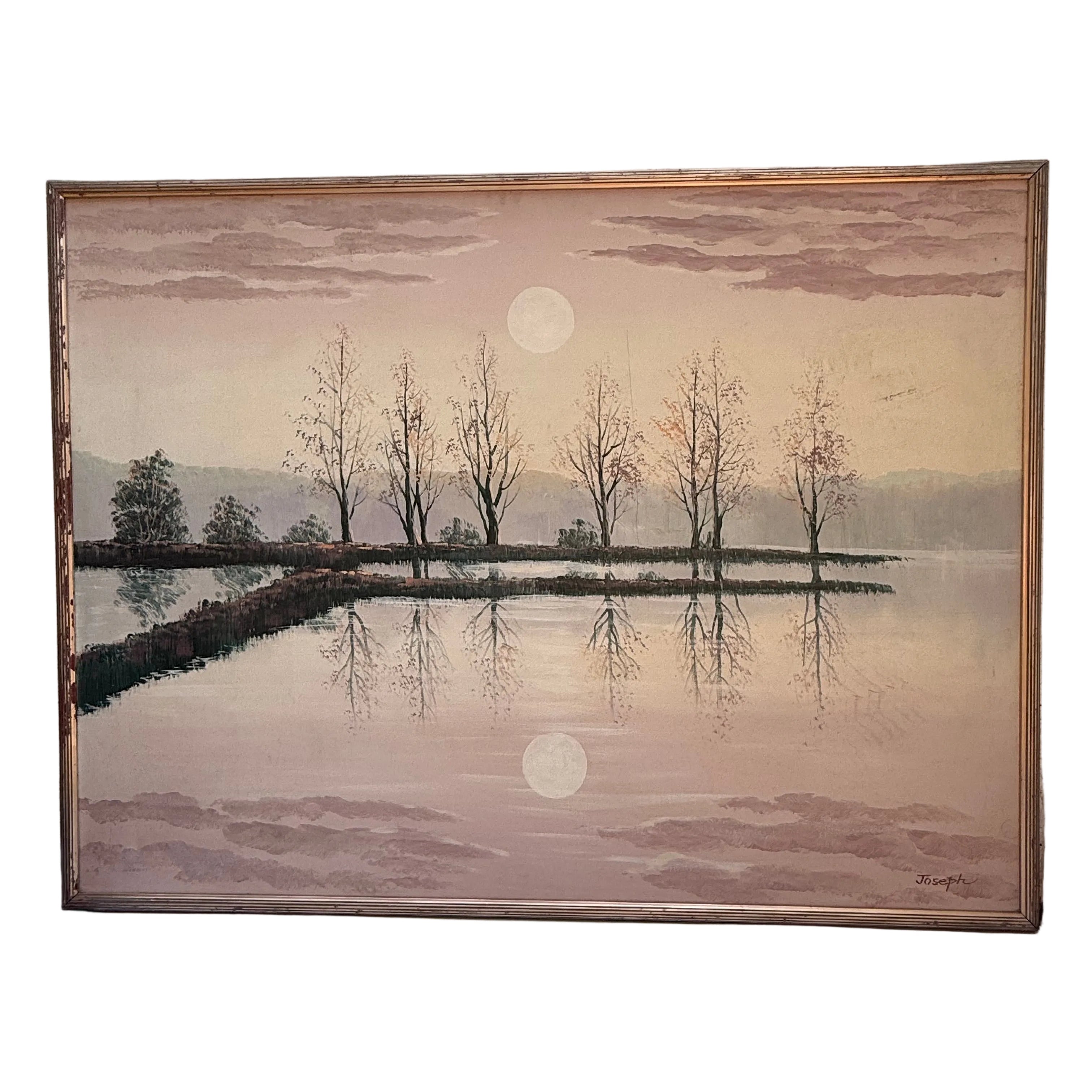 Large Vintage Oil Painting of a Moonlit Lake, Signed Joseph